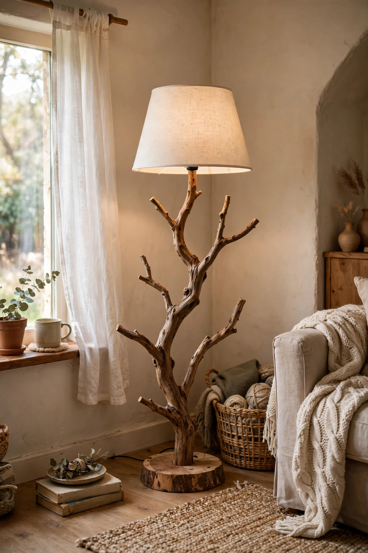 Sculptural floor lamp made from a natural tree branch with a simple shade, diy lamp