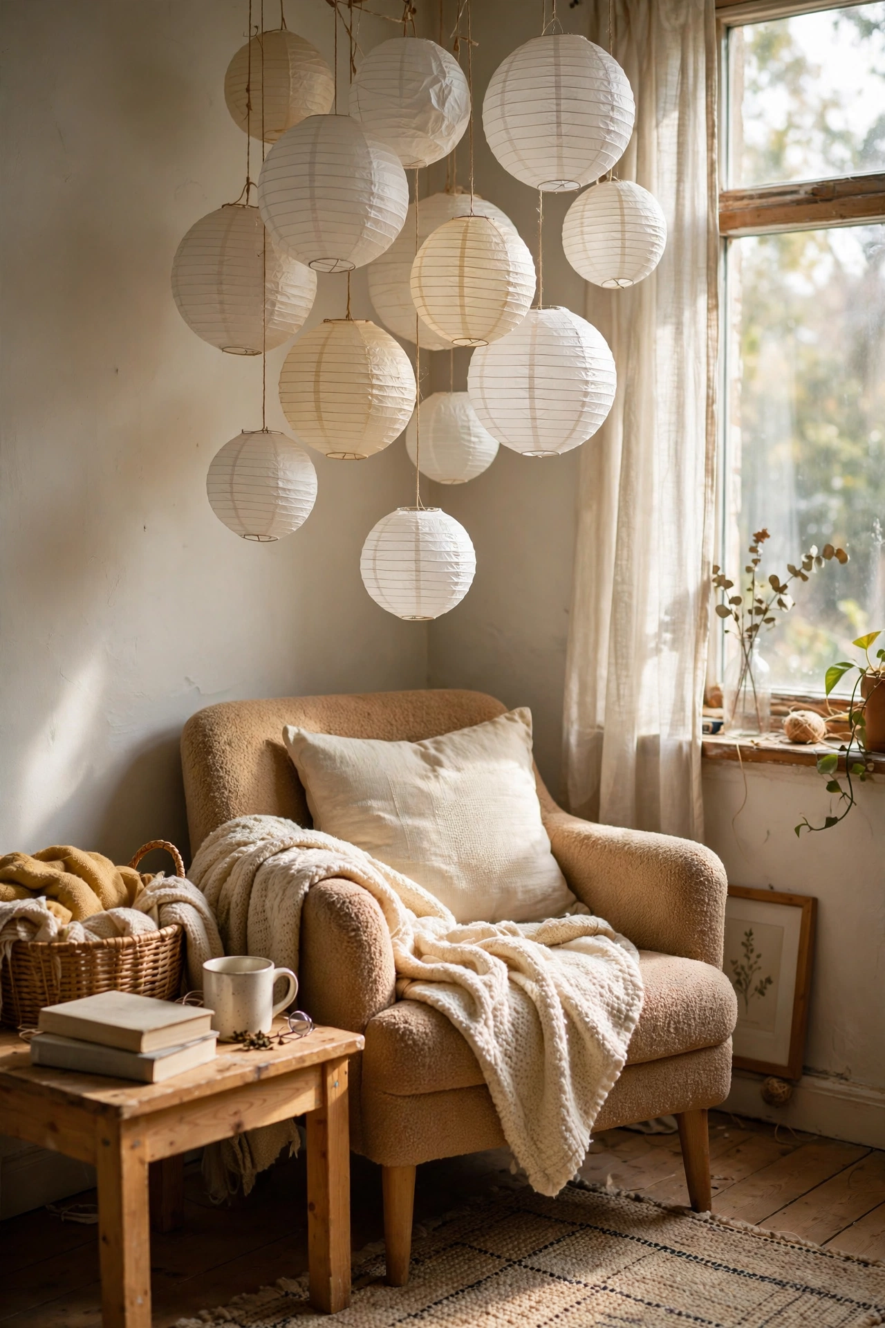 Cluster of paper lanterns at different heights over a reading corner, diy lighting idea