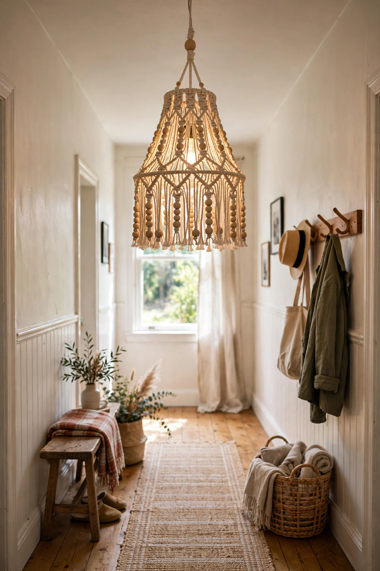 Handmade macrame pendant shade with wooden beads hanging in a hallway, diy lamp