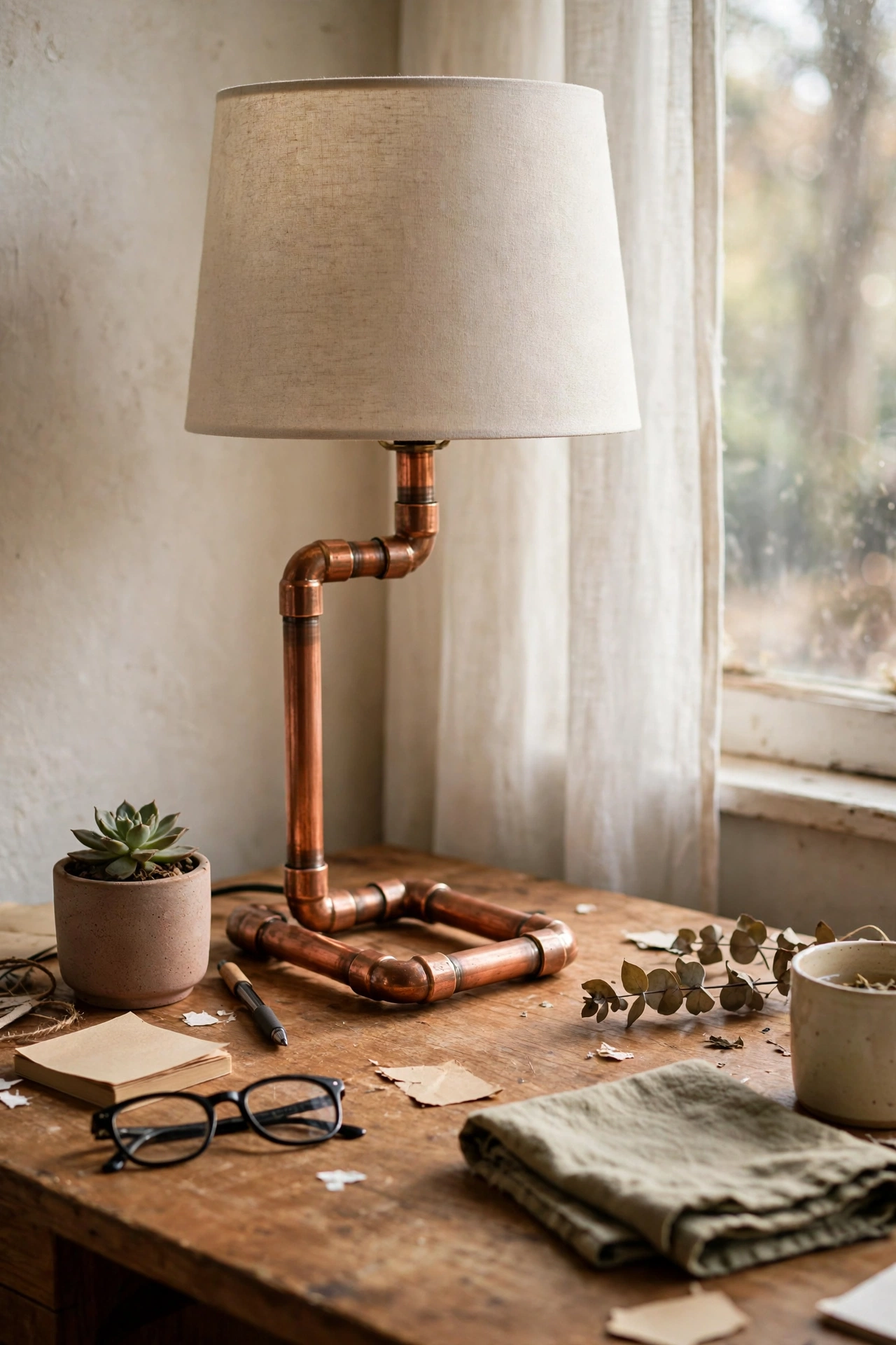 Modern table lamp with copper pipe base on a desk, diy industrial lamp