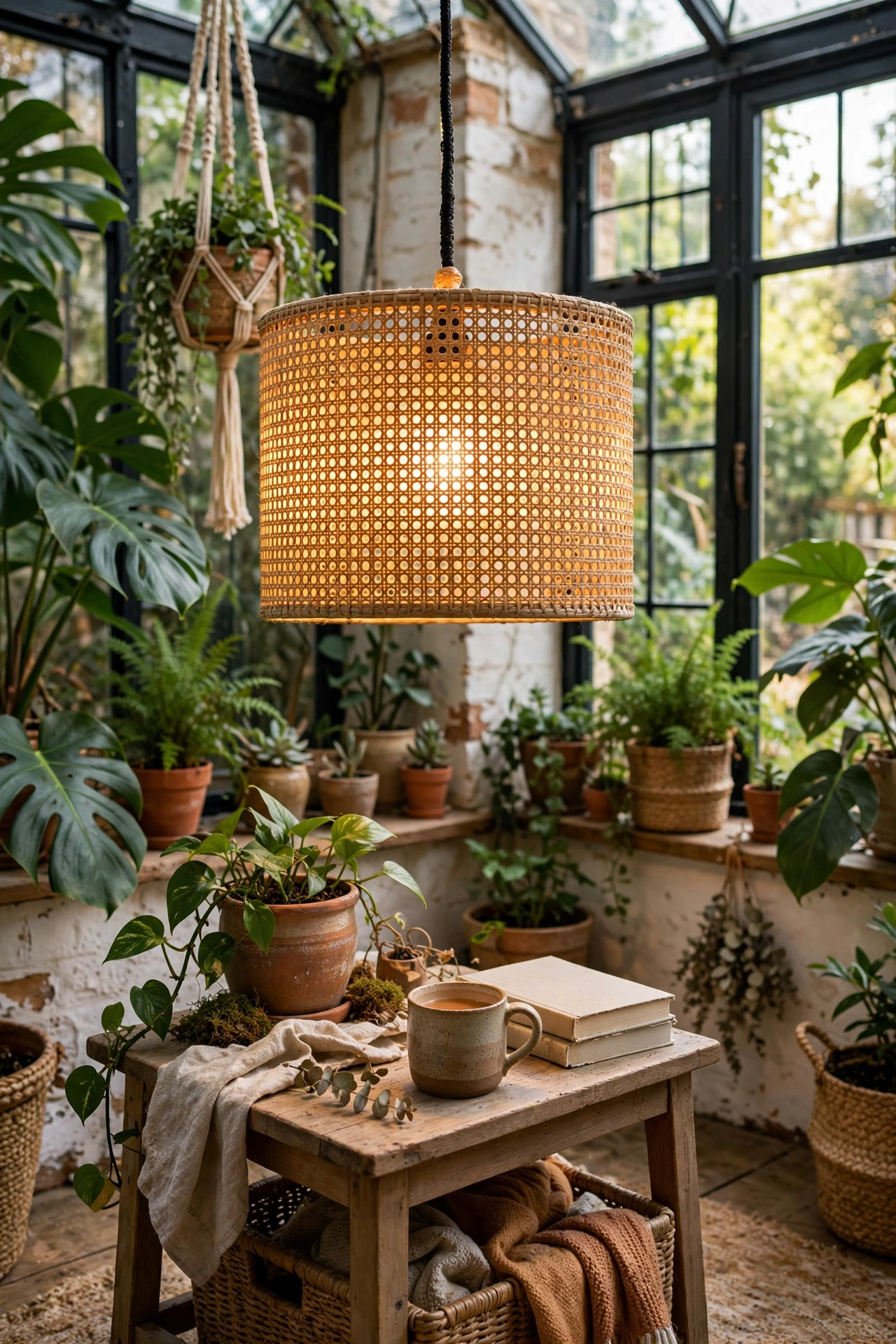Drum lampshade wrapped in natural cane webbing in a conservatory, diy rattan lamp