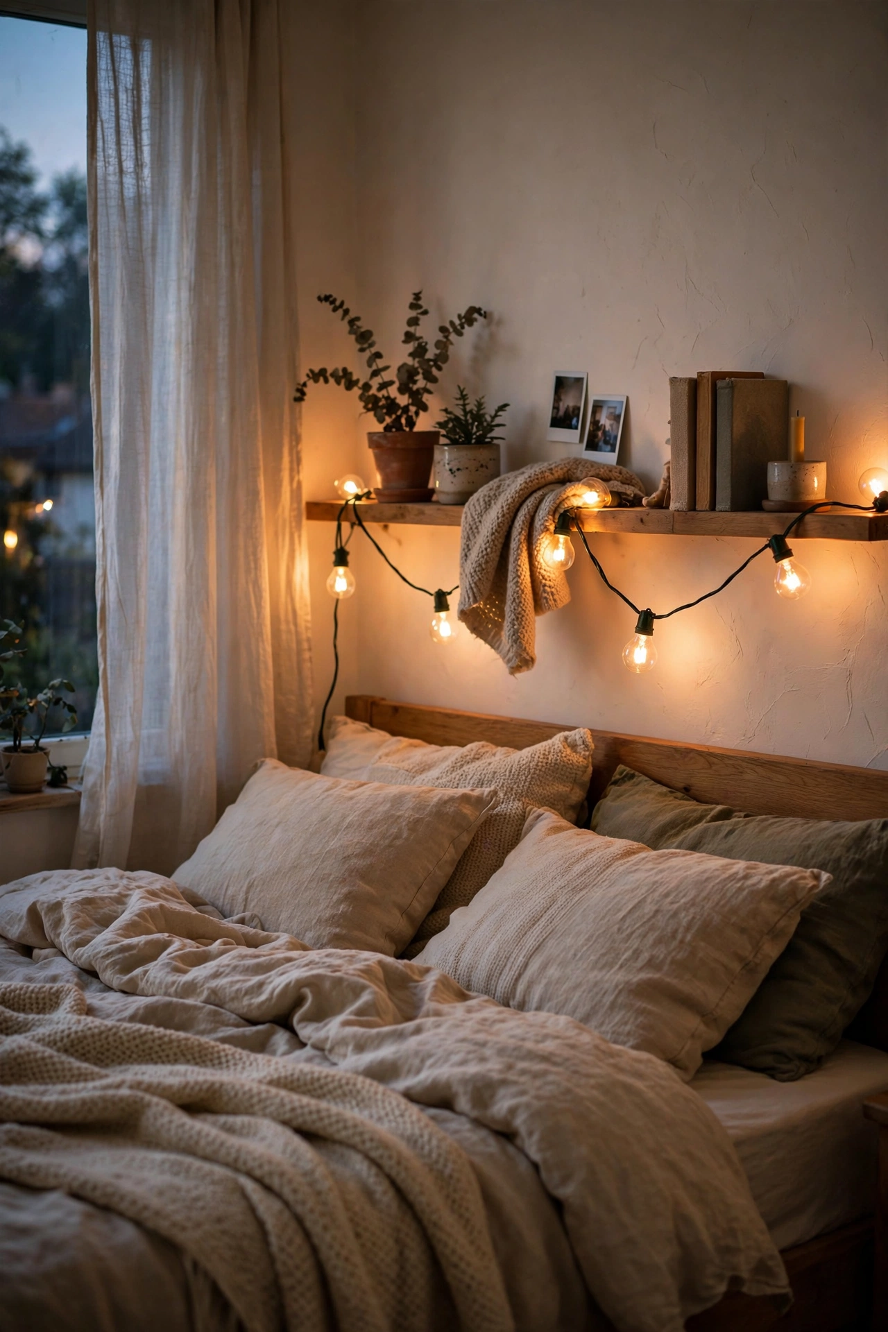 Edison bulb string lights draped along a bedroom picture ledge, cosy diy lighting