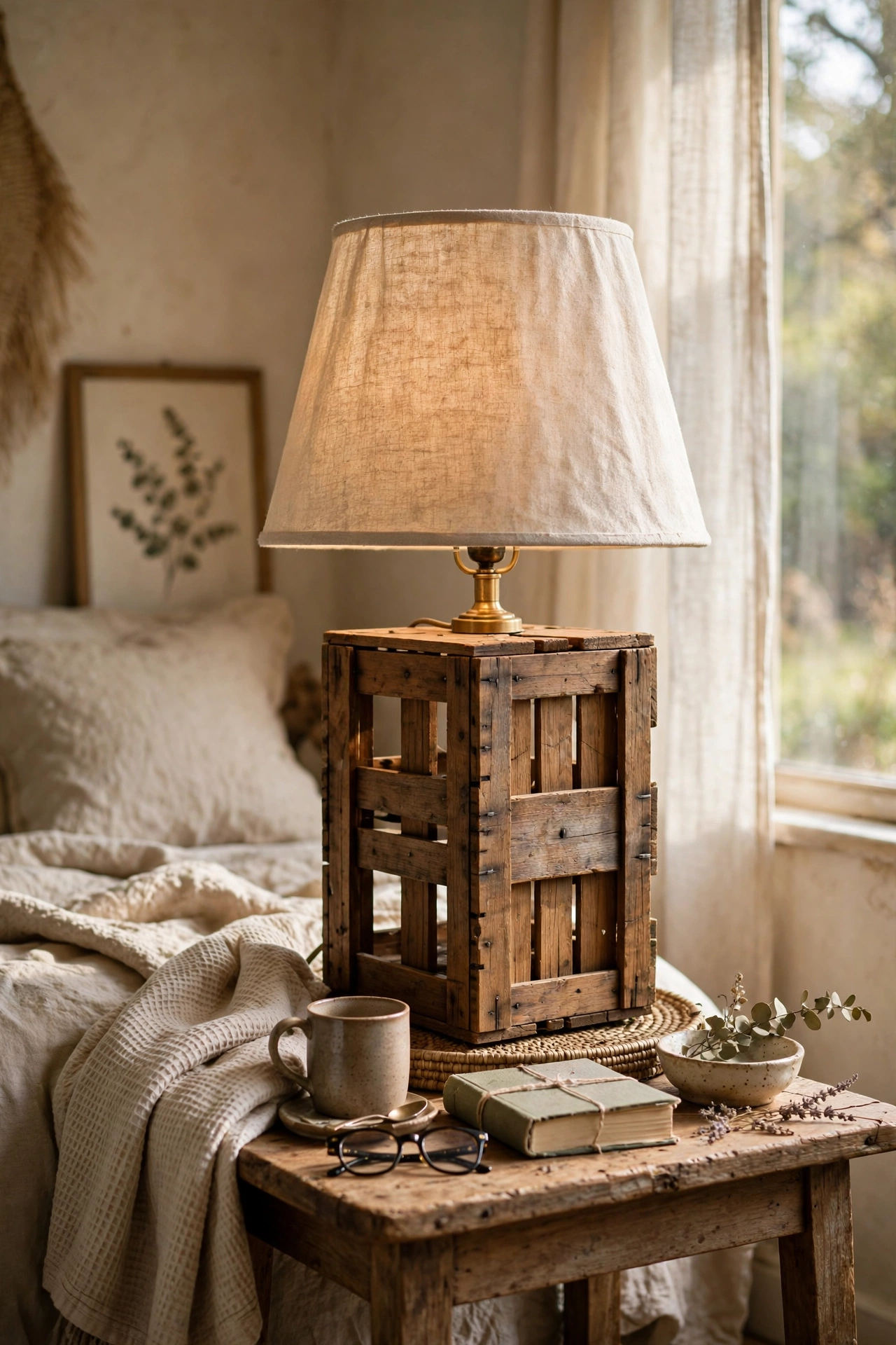 Wooden wine crate table lamp with linen shade in a guest room, diy rustic lamp