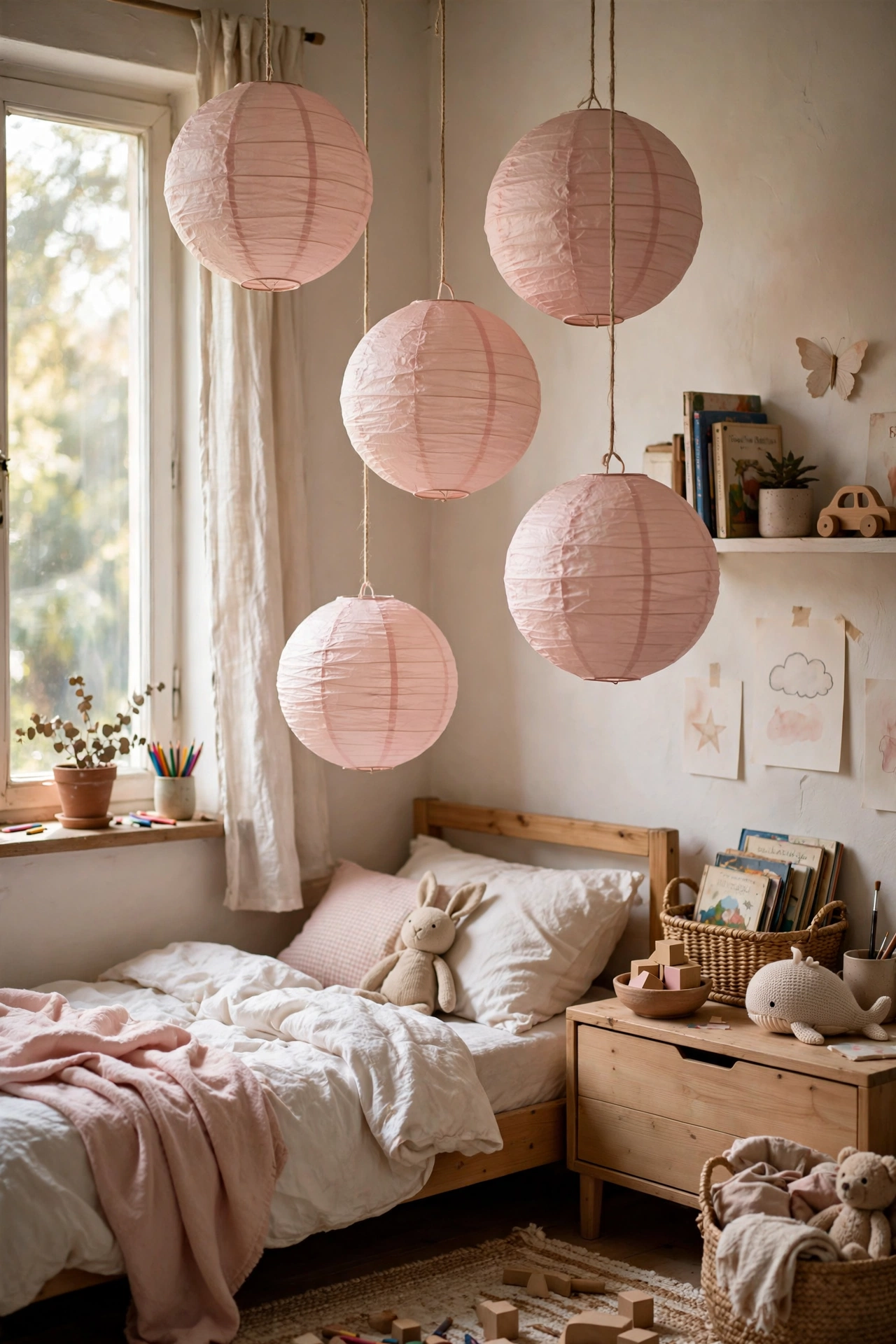 Rice paper ball lanterns colour-washed in blush pink hanging in a child's bedroom