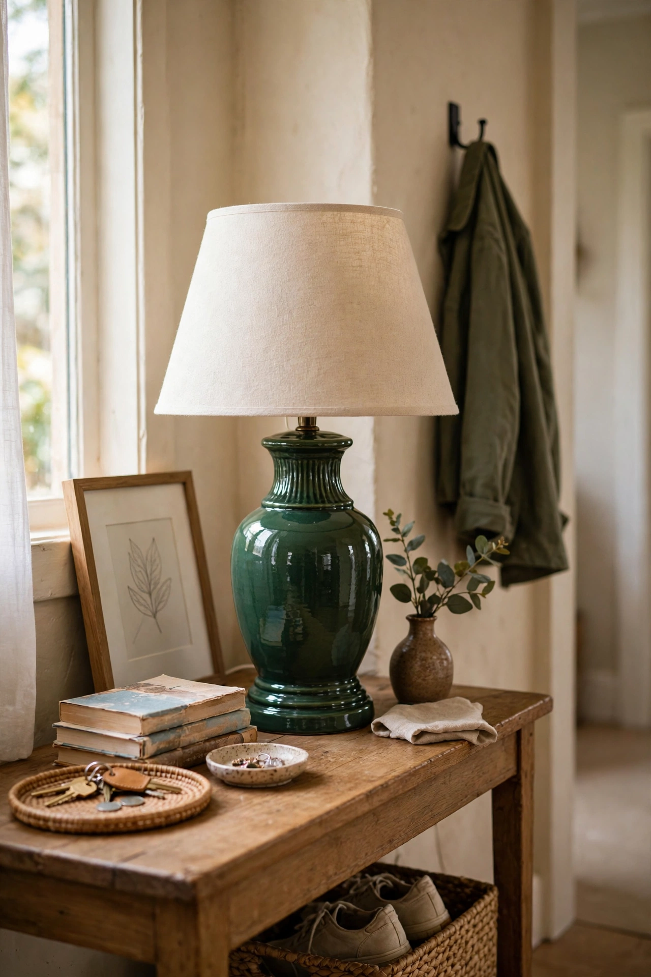 Charity shop lamp base painted deep green with gloss varnish to look like glazed ceramic