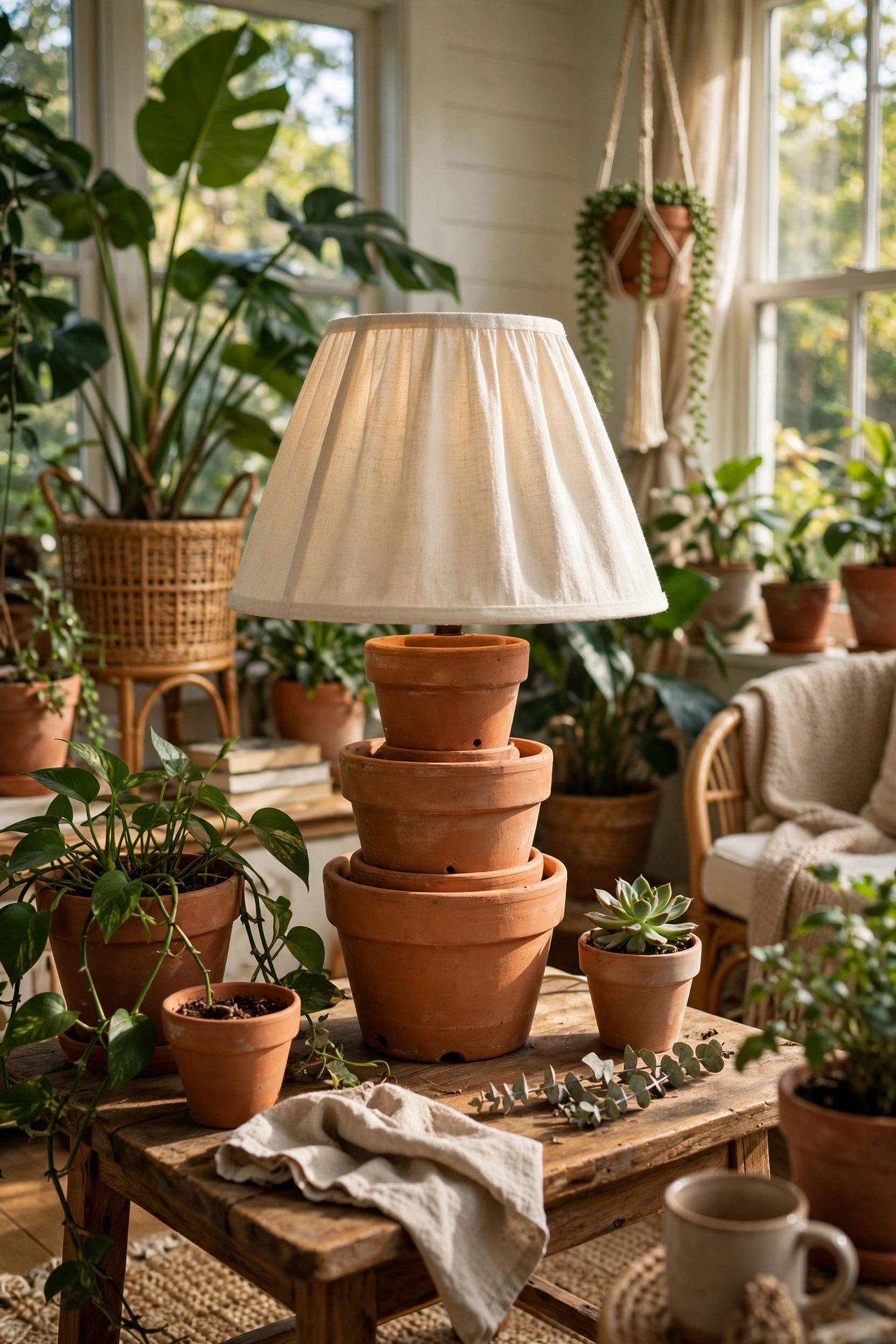 Table lamp made from stacked terracotta pots in a sunroom, diy lamp idea