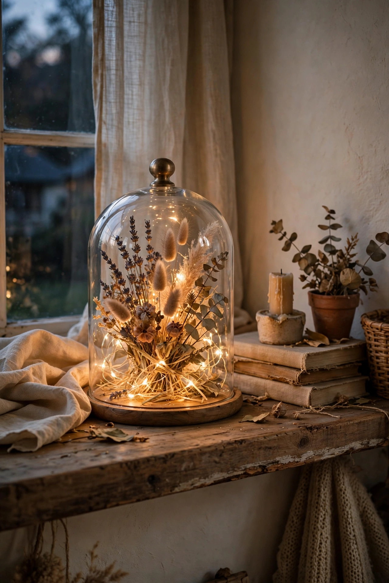 Glass cloche filled with dried flowers and fairy lights glowing on a mantel, diy lamp