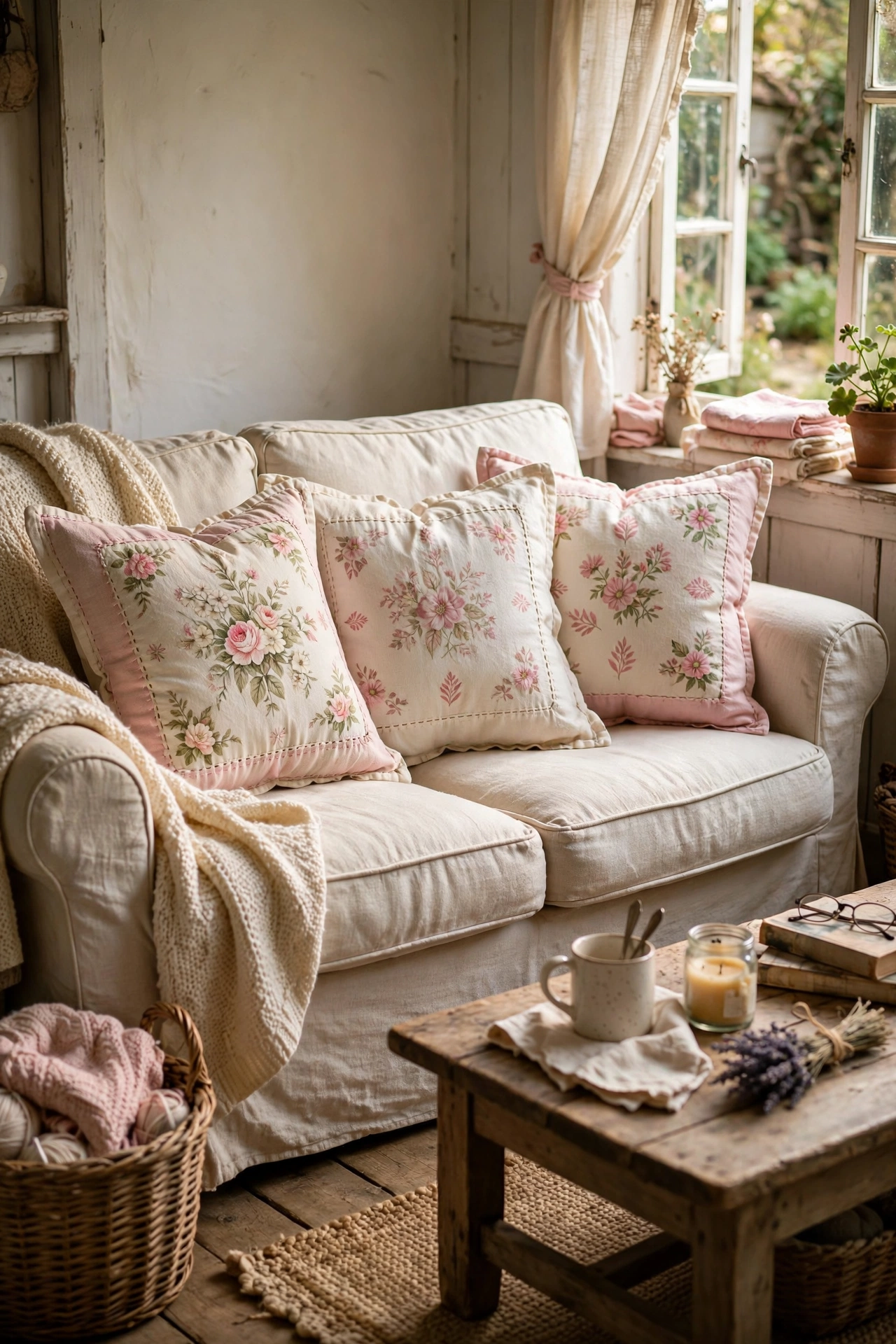 Floral cushion covers made from vintage-style tea towels on a sofa, cottagecore diy decor