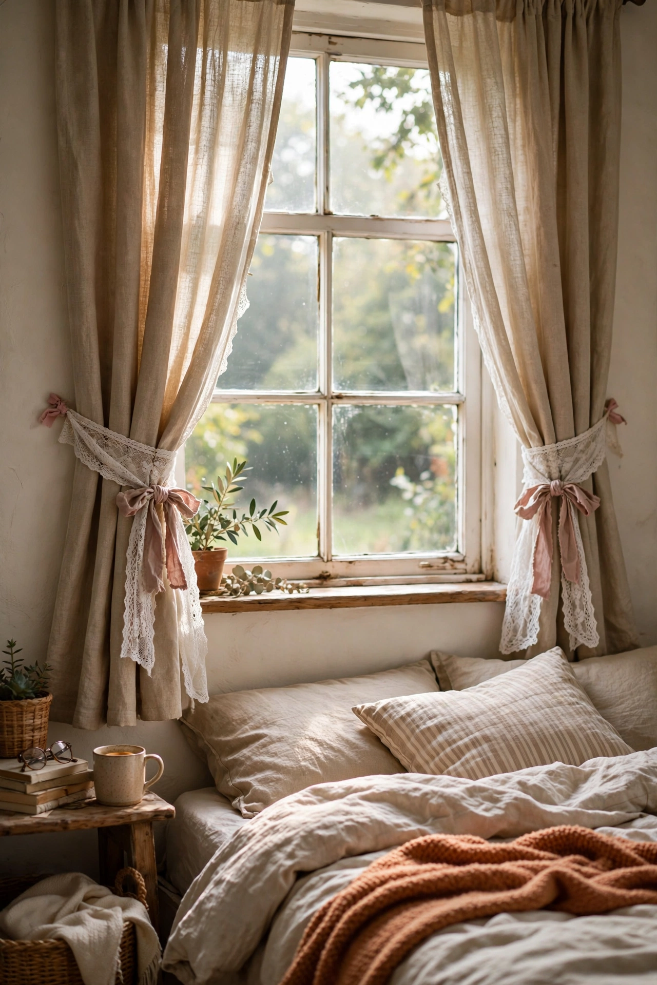 Wide lace curtain tie-backs with ribbon bows in a cottage bedroom, diy textile project