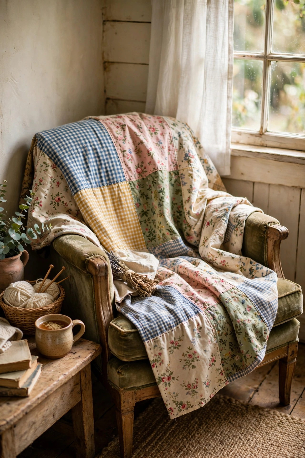 Handmade patchwork throw in florals and gingham draped over an armchair, cottagecore diy
