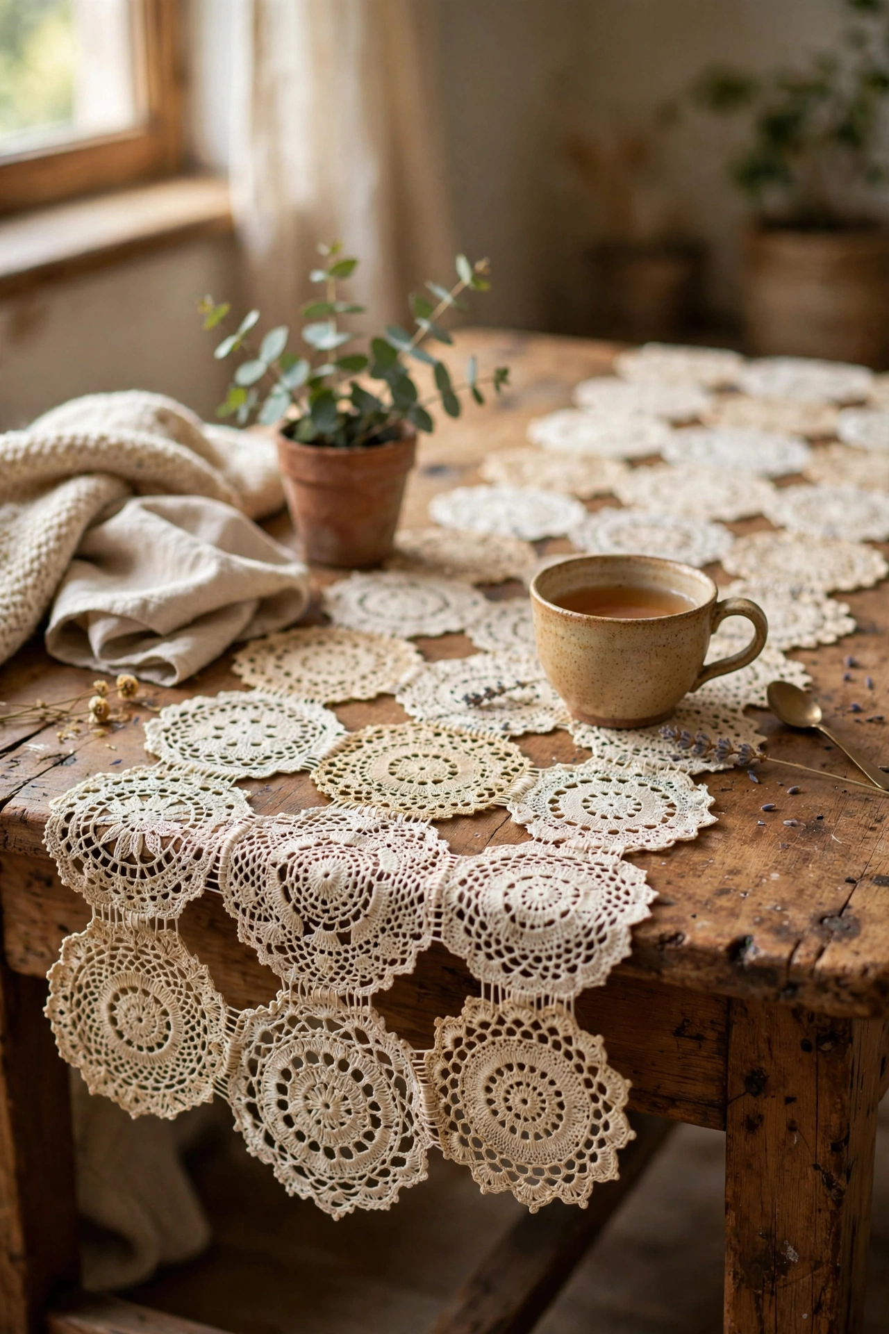 Table runner made from joined vintage doilies on a coffee table, cottagecore diy decor