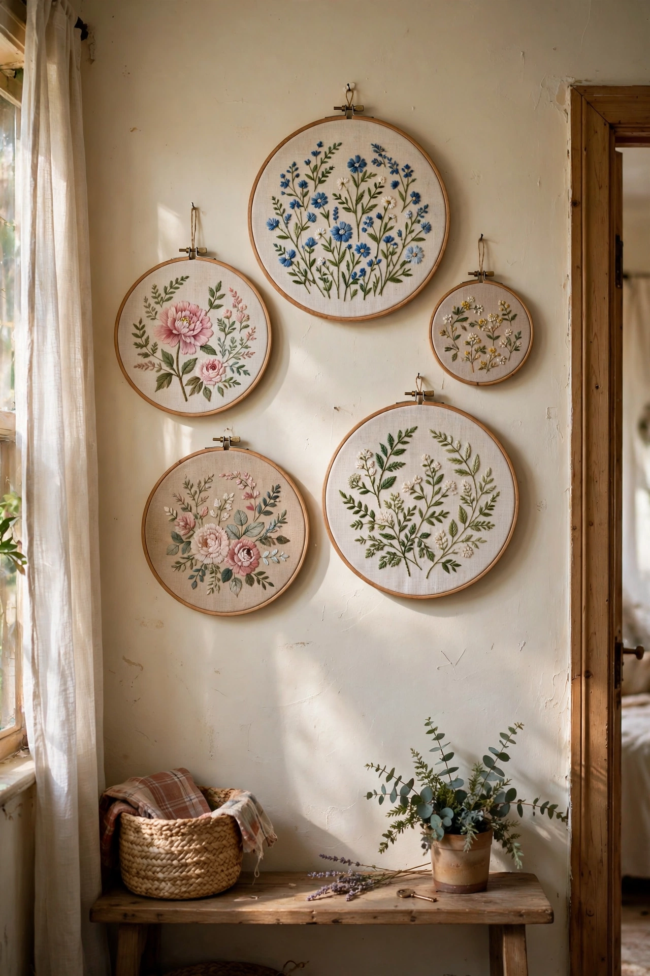 Embroidery hoop wall art with floral fabrics grouped on a hallway wall, diy cottagecore art