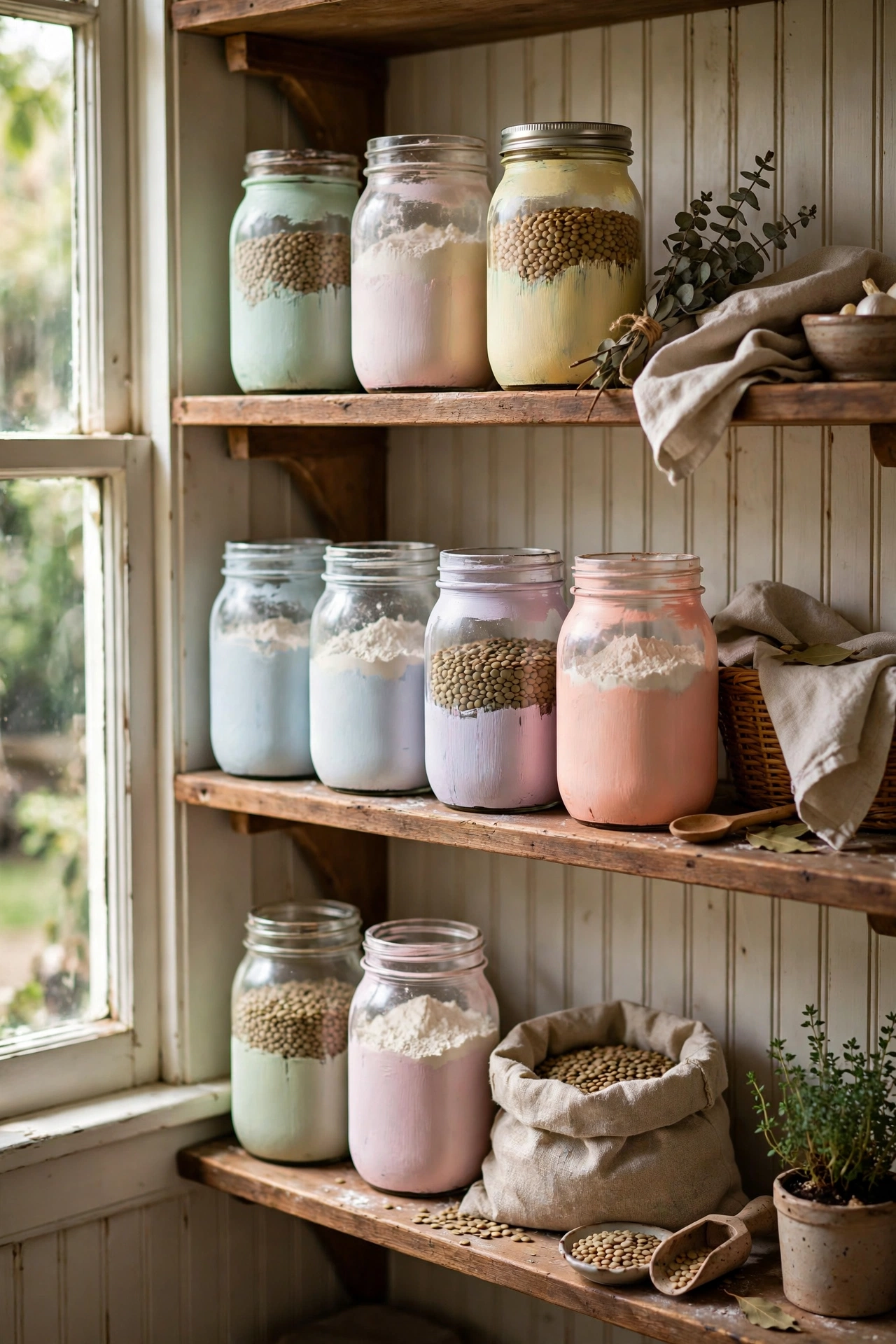 Mason jars painted in pastel chalk paint storing dry goods on pantry shelves, cottagecore kitchen