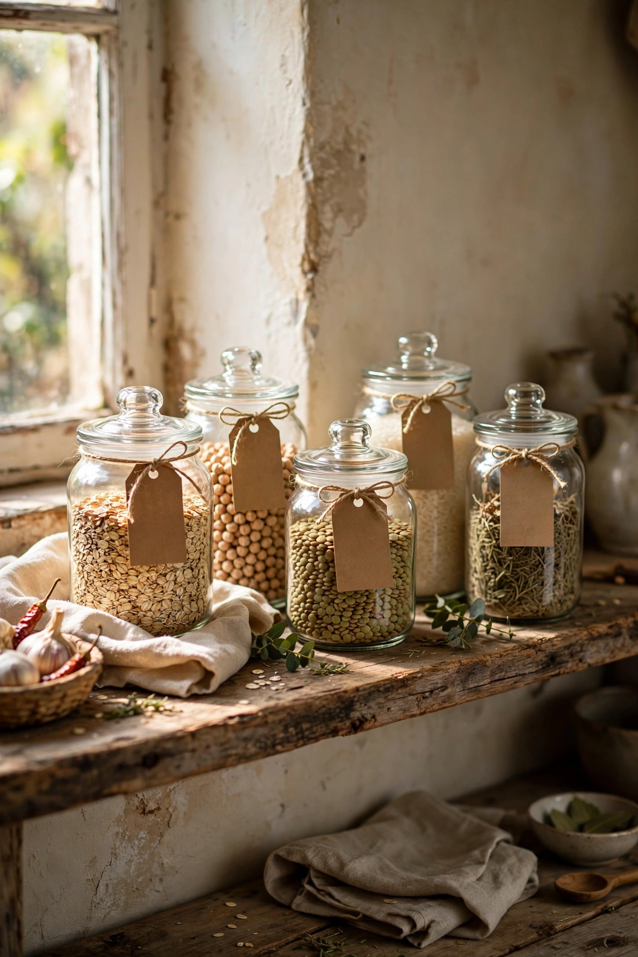 Hand-lettered kraft pantry labels tied with twine on glass jars, cottagecore kitchen diy