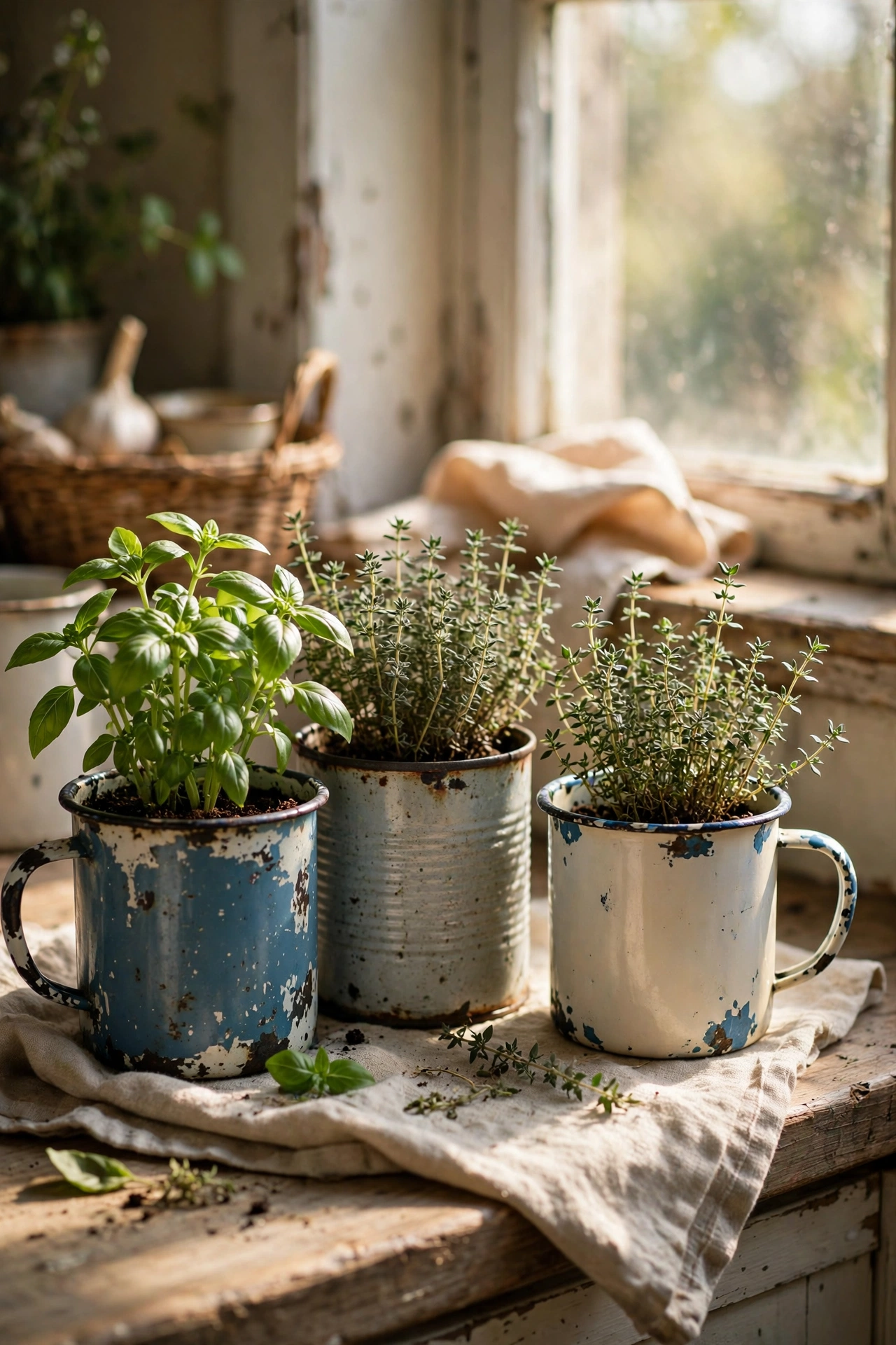 Enamel mugs and tins planted with kitchen herbs on a windowsill, cottagecore diy planters