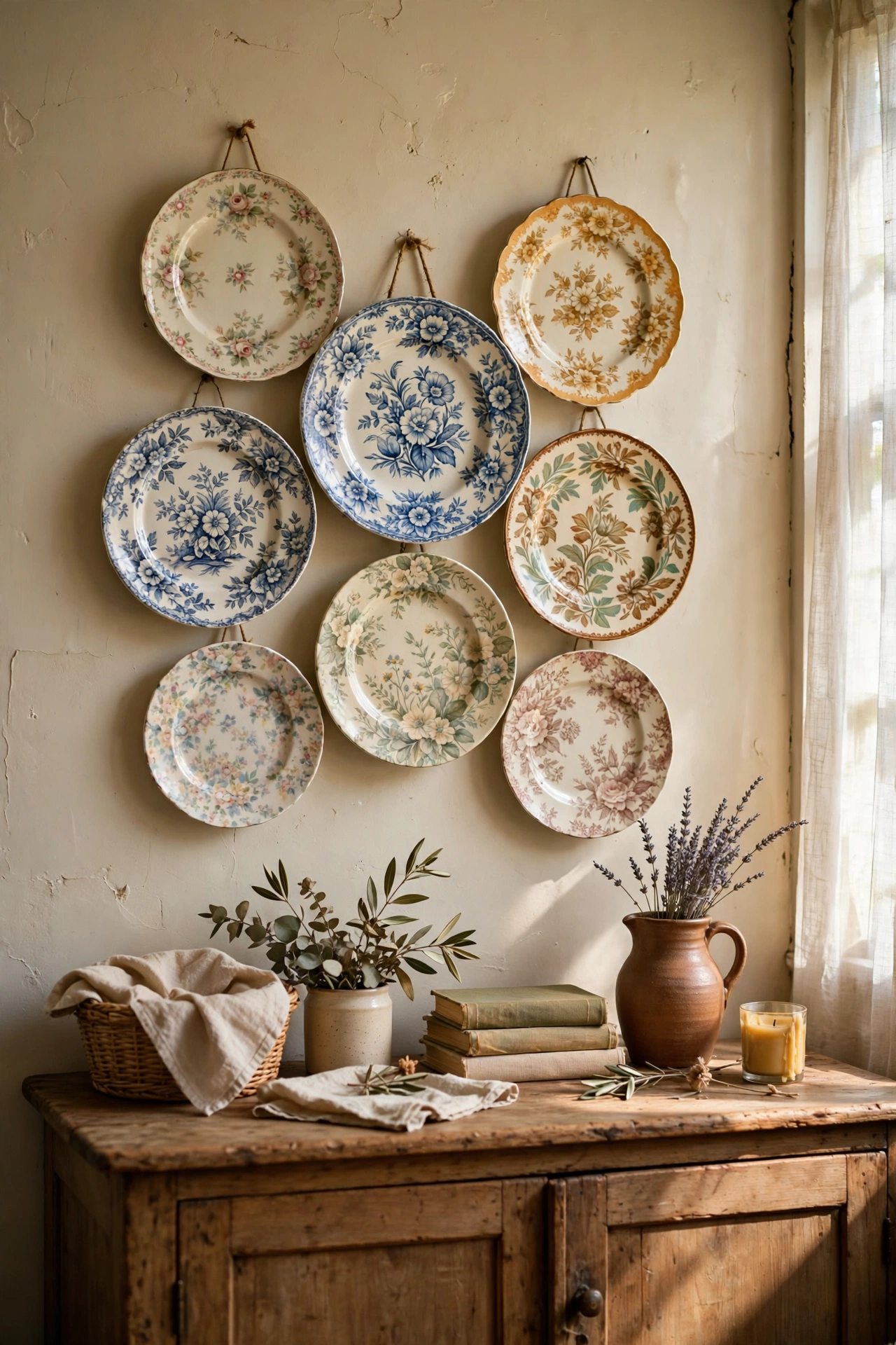Decorative floral plates hung in a cluster above a sideboard, cottagecore wall display