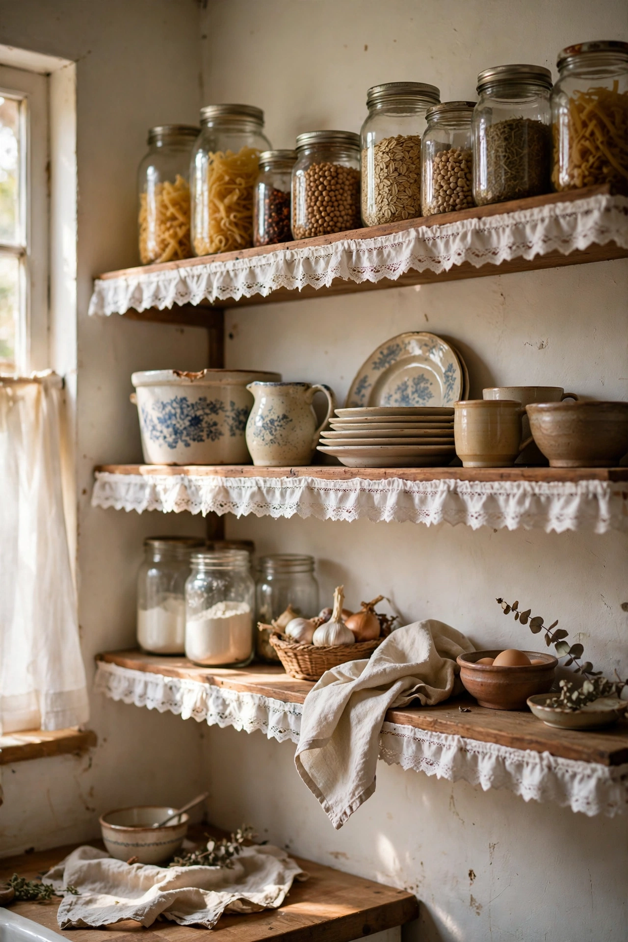 Open kitchen shelves edged with cotton lace trim holding jars and crockery, cottagecore detail
