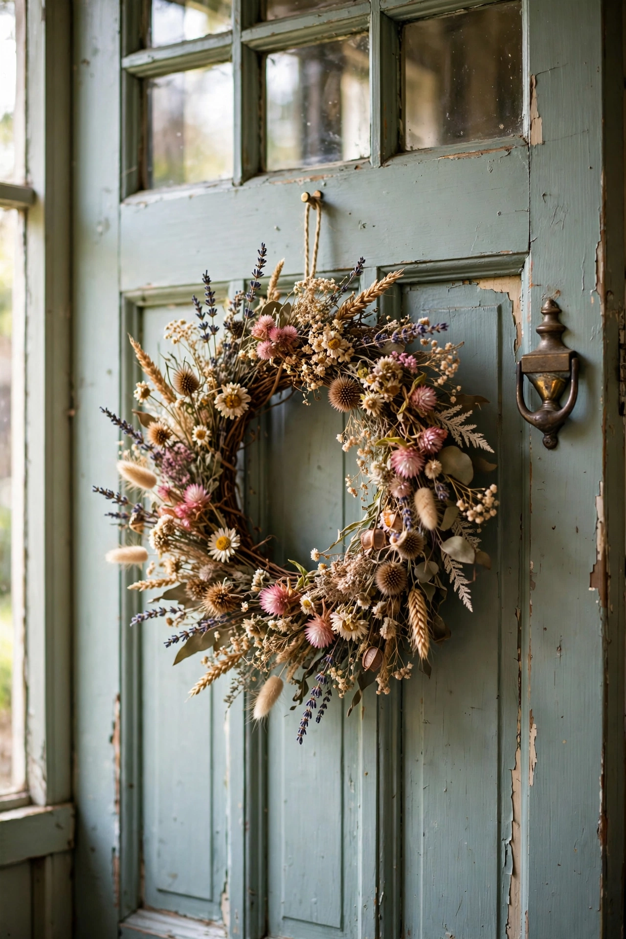 Dried wildflower wreath on a grapevine base hanging on a cottage door, diy wreath