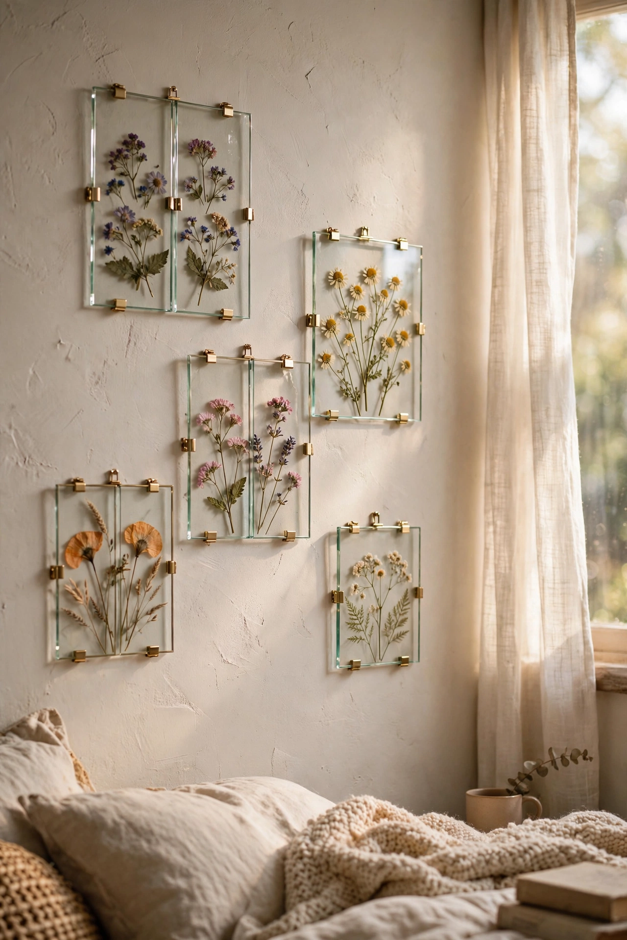 Pressed wildflowers arranged in floating glass frames on a bedroom wall, cottagecore diy art
