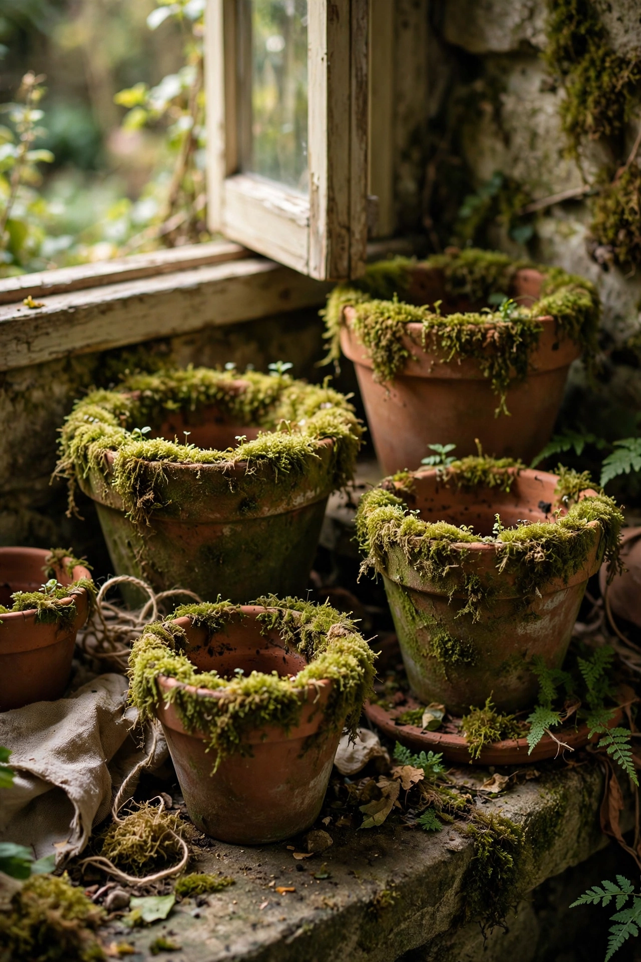 Terracotta pots covered in living green moss in a shady garden corner, diy garden project