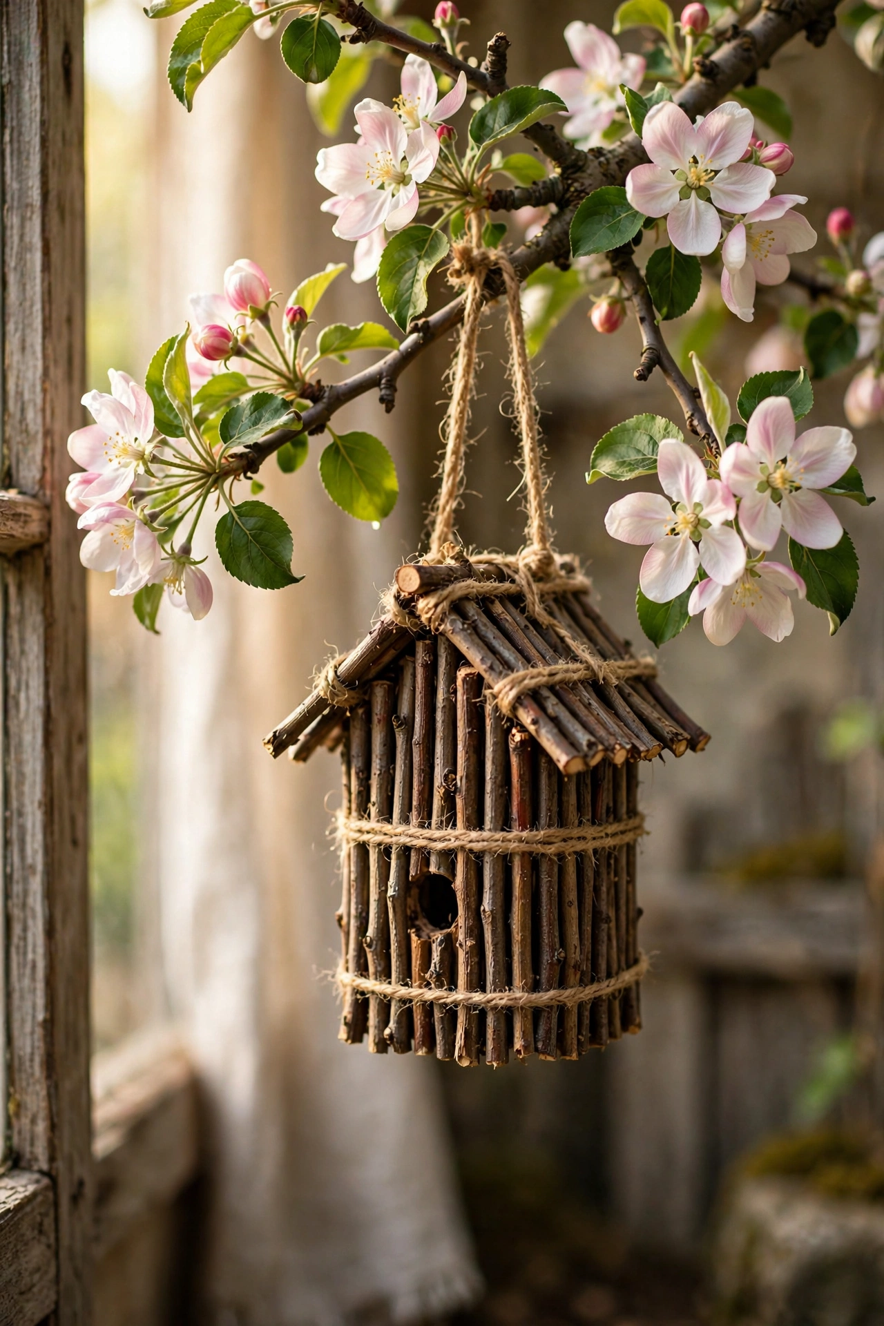 Rustic birdhouse made from vertical twigs hanging in an apple tree, diy garden project