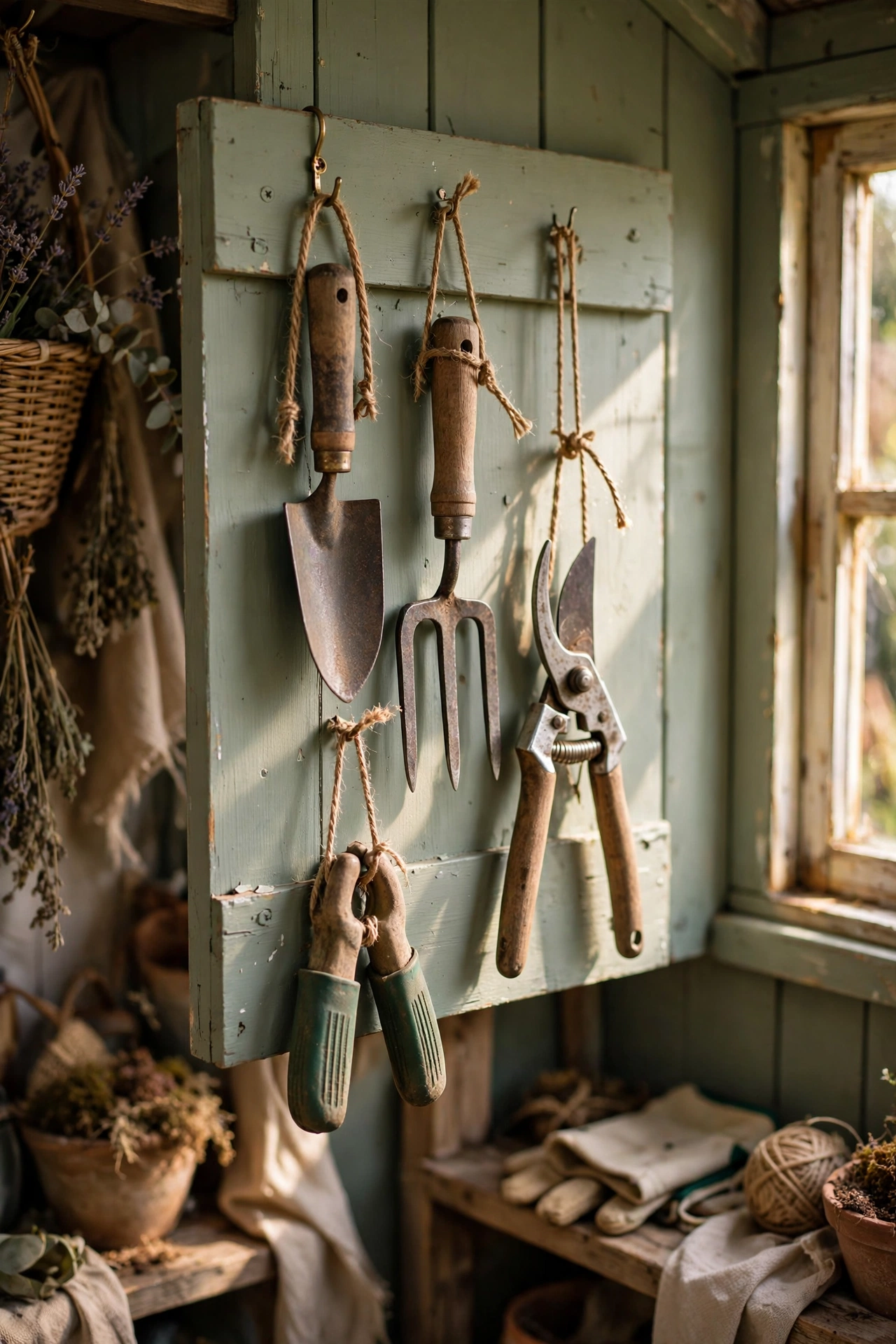 Garden hand tools hung on twine loops on a painted plank in a cottage shed, diy organiser