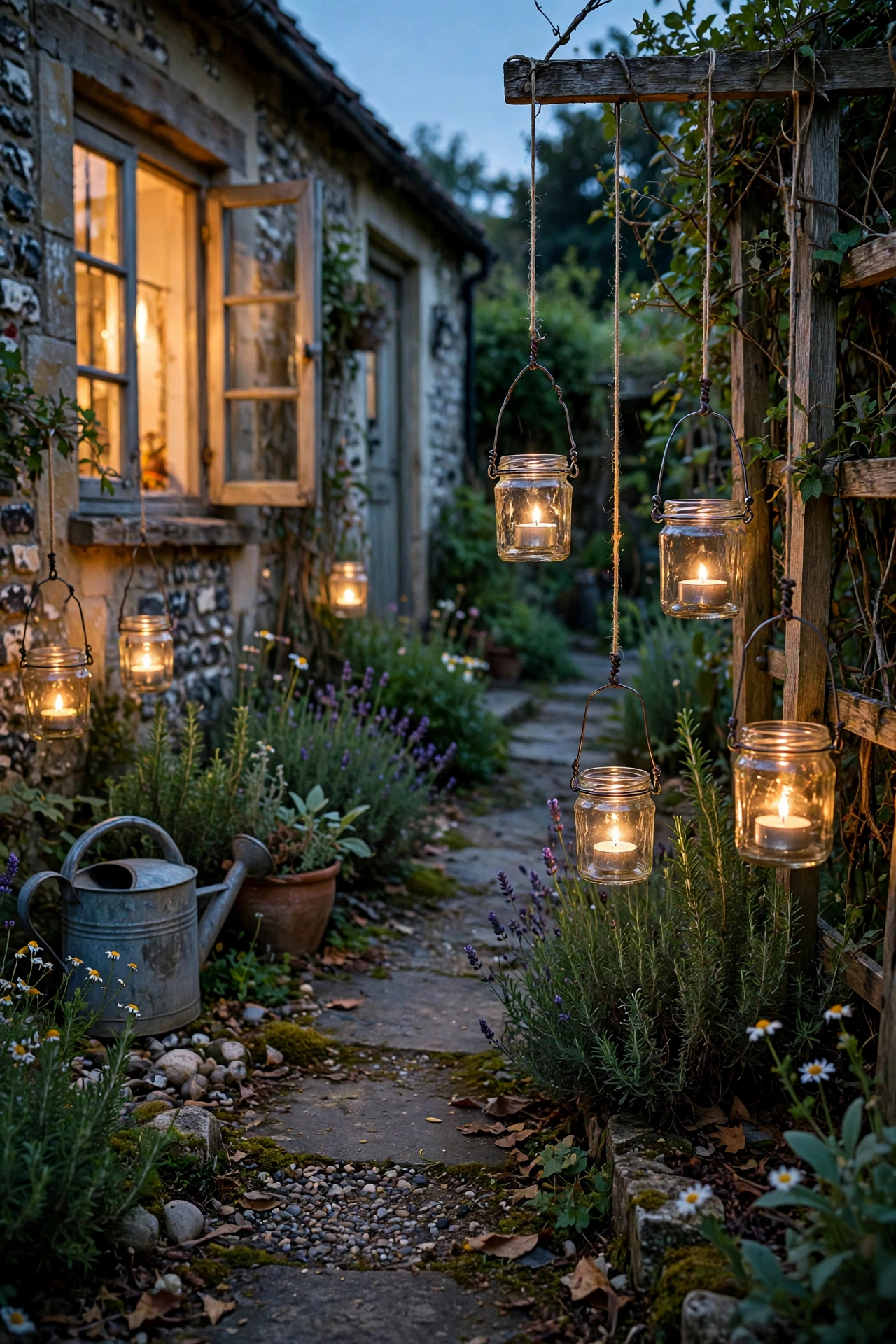 Jam jar candle lanterns with wire handles glowing along a garden path at dusk, diy lanterns