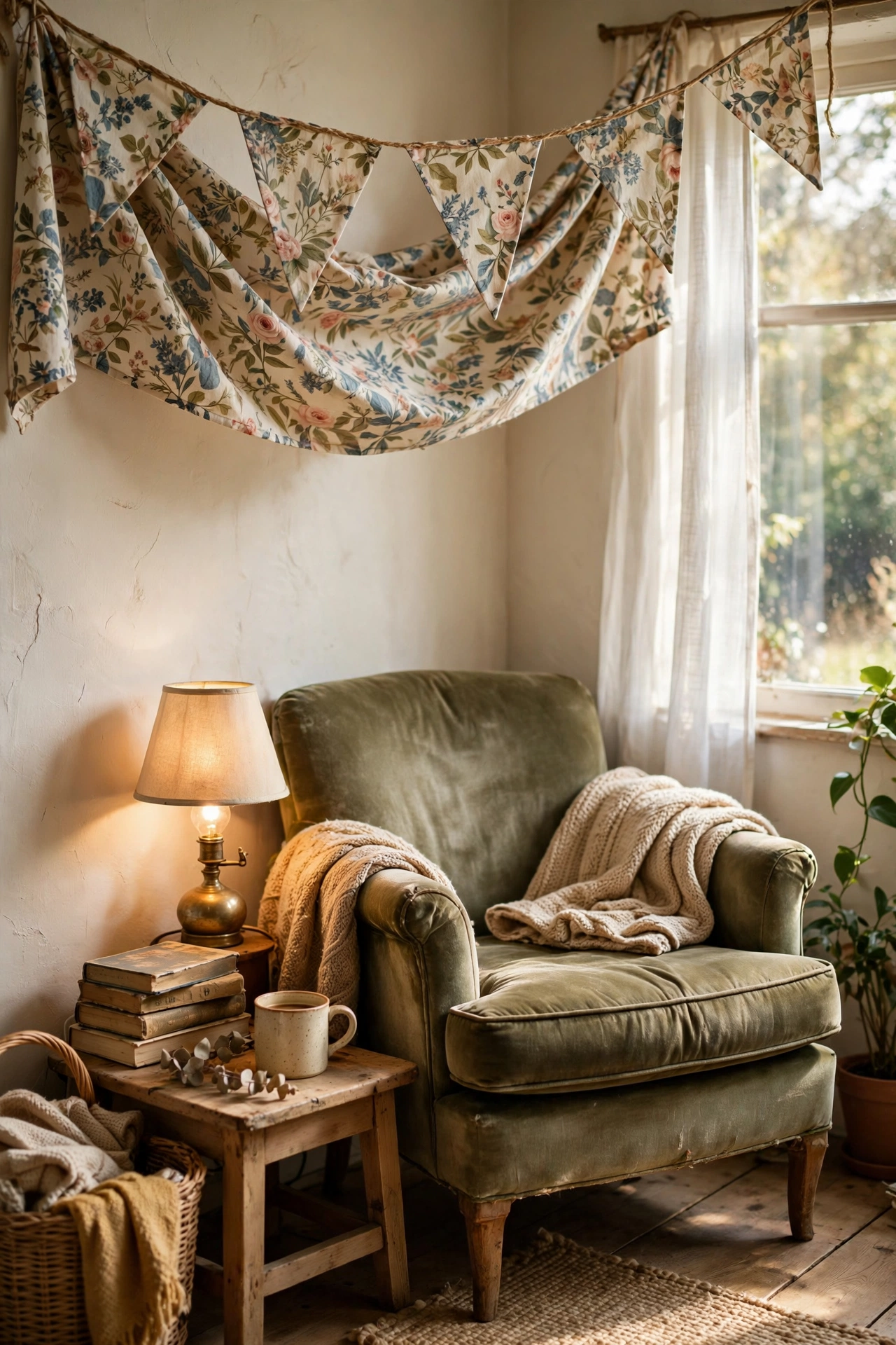 Floral fabric bunting draped above a reading nook with an armchair and lamp, cottagecore diy