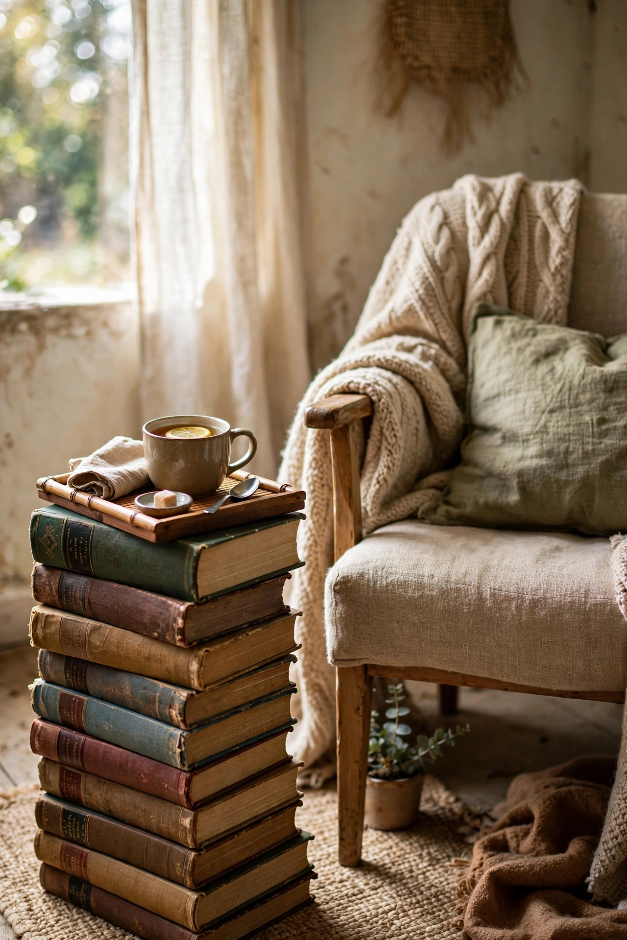 Side table made from a stack of vintage hardback books with a tray on top, cottagecore diy