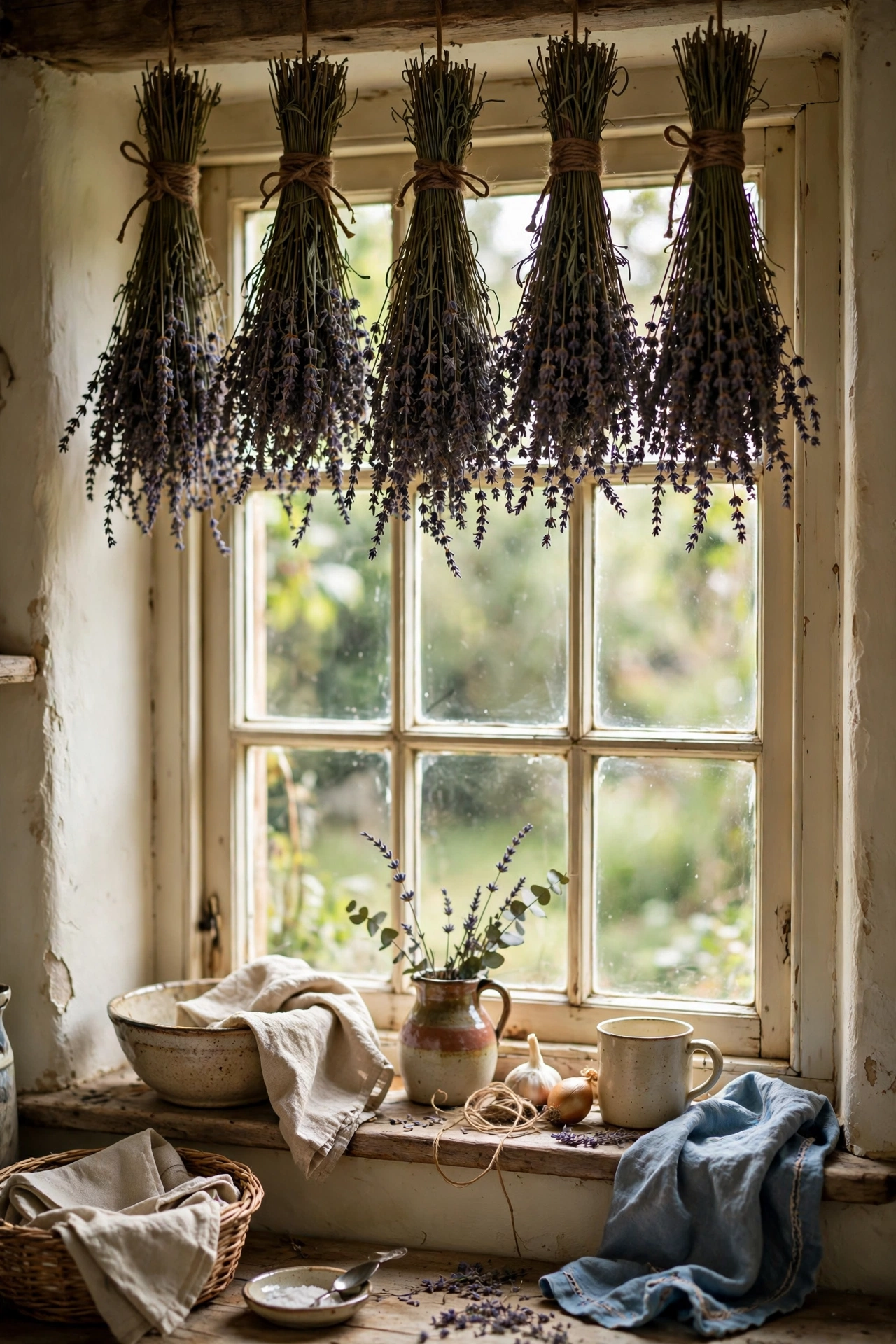 Bundles of dried lavender tied with twine hanging above a kitchen window, cottagecore diy