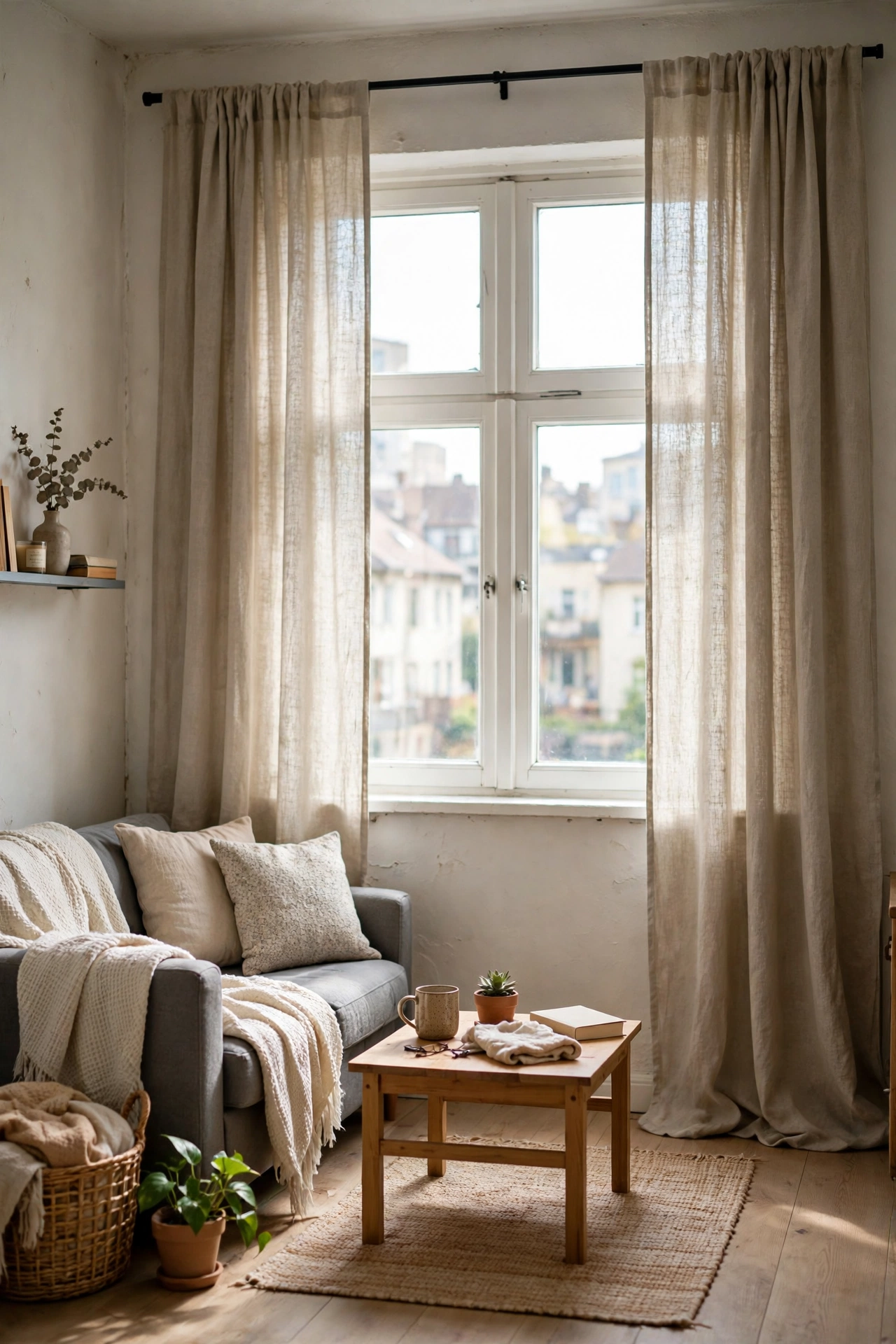 Curtain panels hung high and wide above apartment living room window to make it look bigger