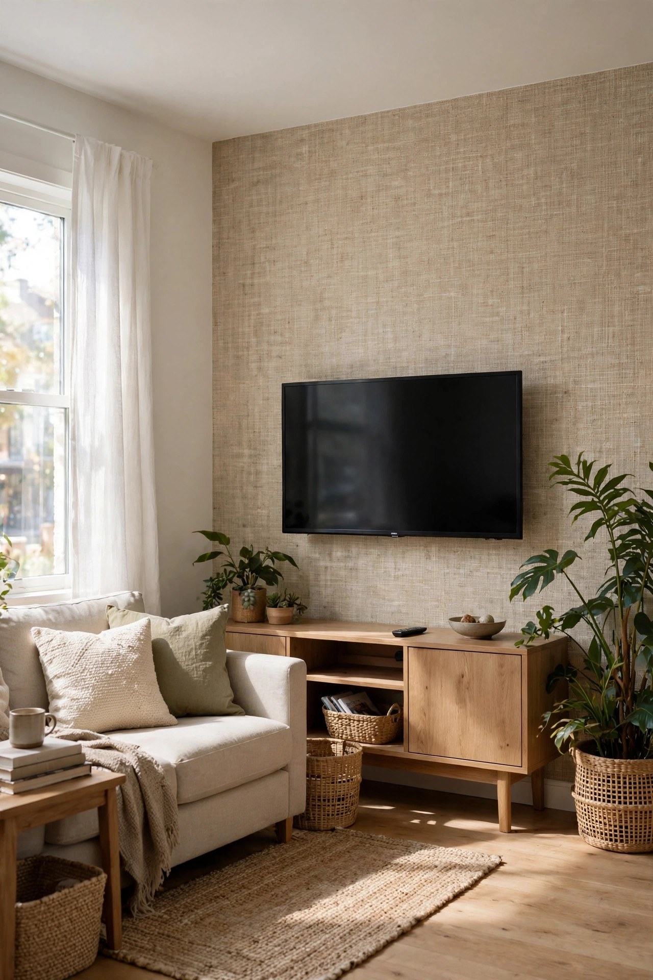 Peel and stick grasscloth wallpaper accent wall behind TV in rental apartment living room