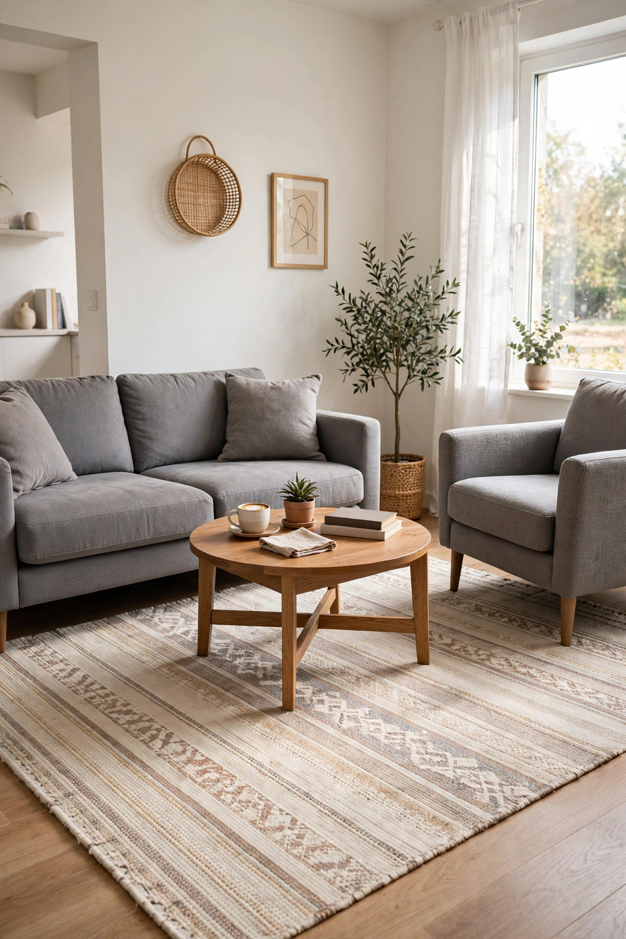 5x7 area rug anchoring sofa and chairs in small apartment living room