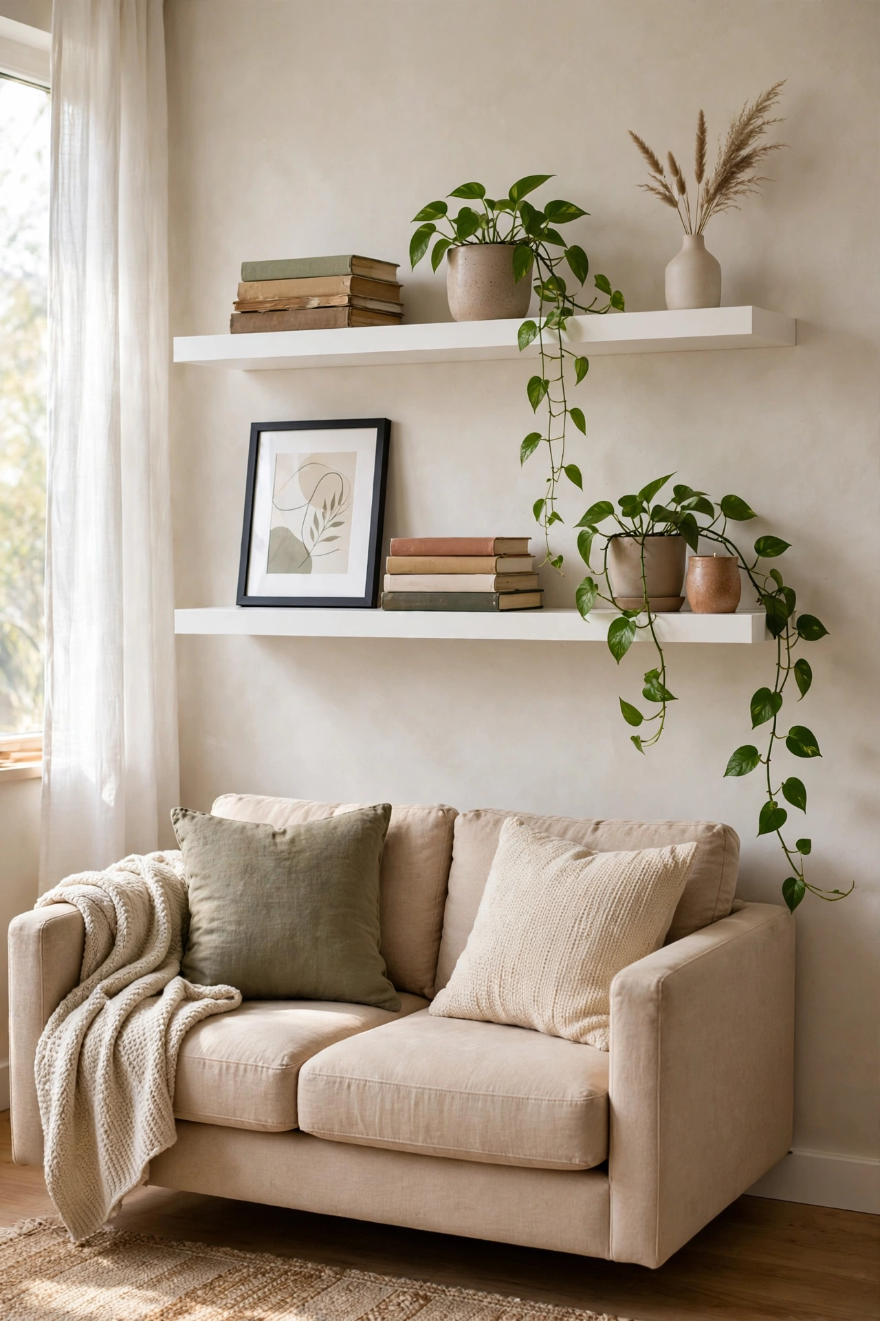 Floating shelves over sofa styled with books and pothos plant in apartment living room