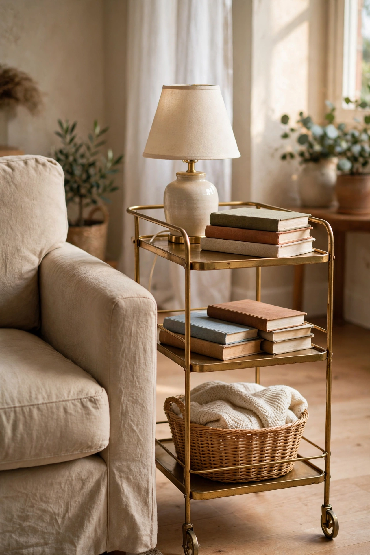 Thrifted gold bar cart used as side table beside reading chair in apartment