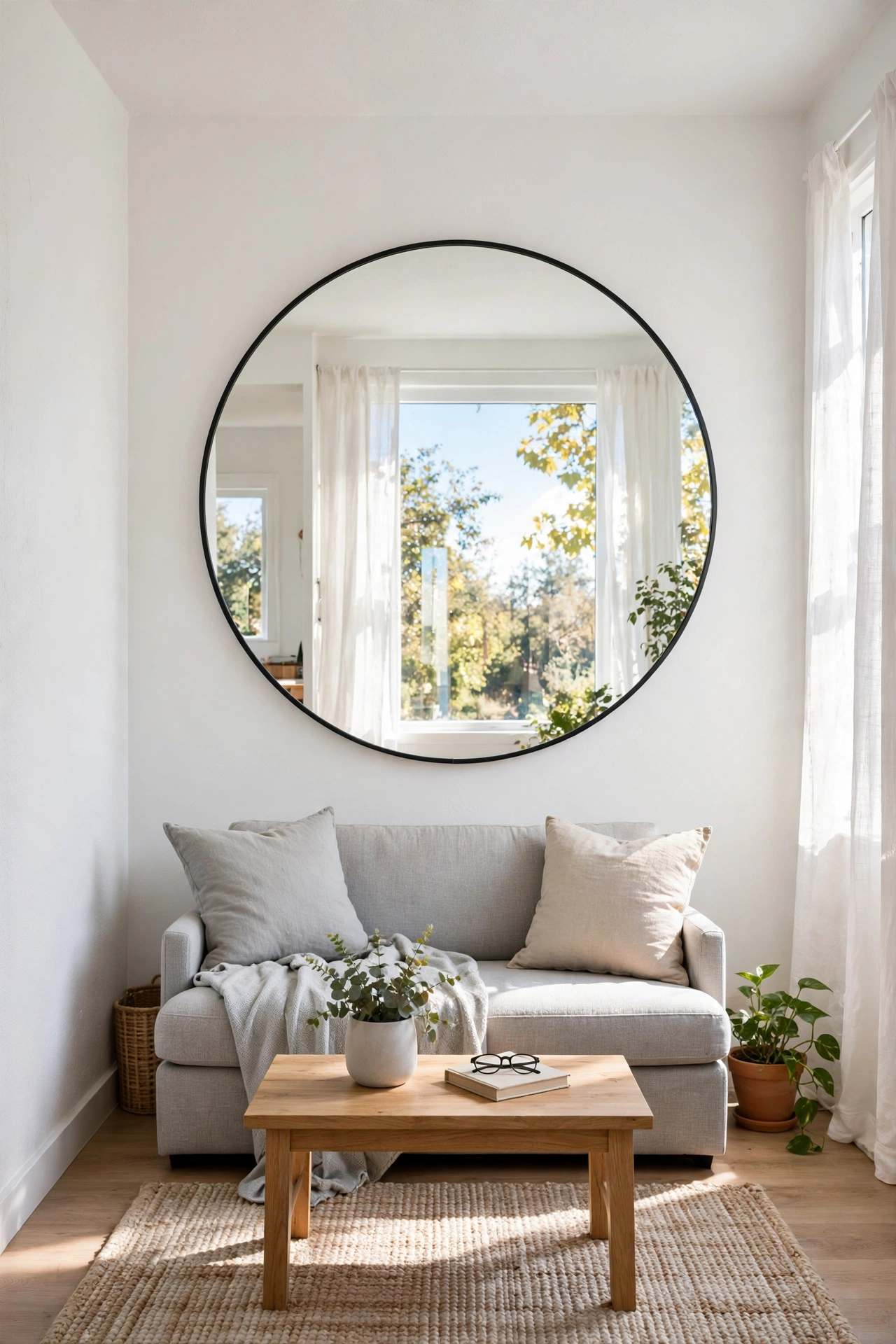 Round mirror hung opposite window reflecting daylight in small apartment living room