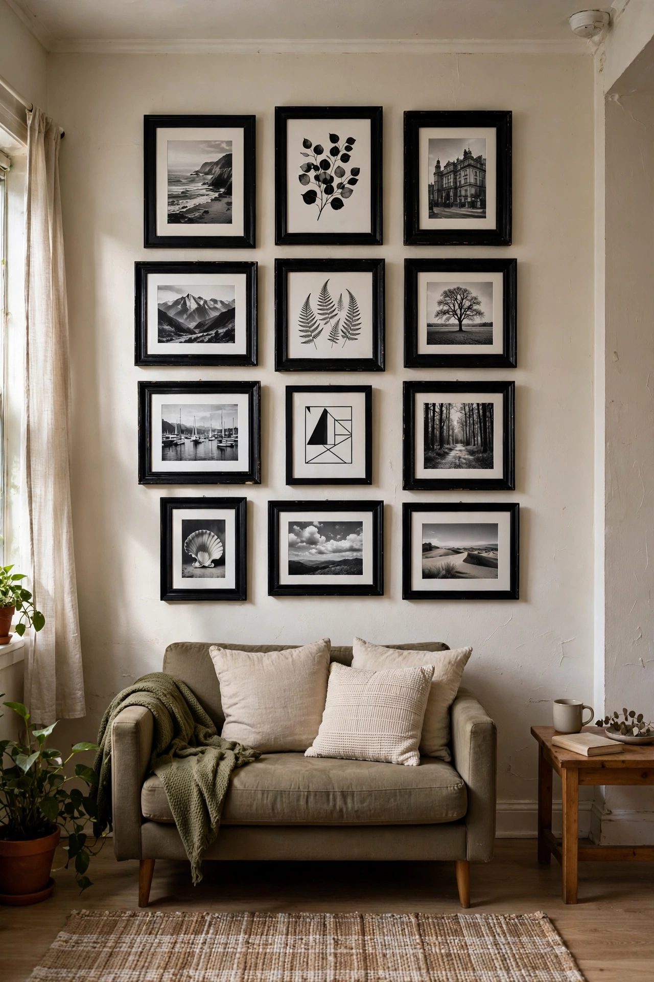 Gallery wall of thrifted black frames hung with Command strips in rental living room