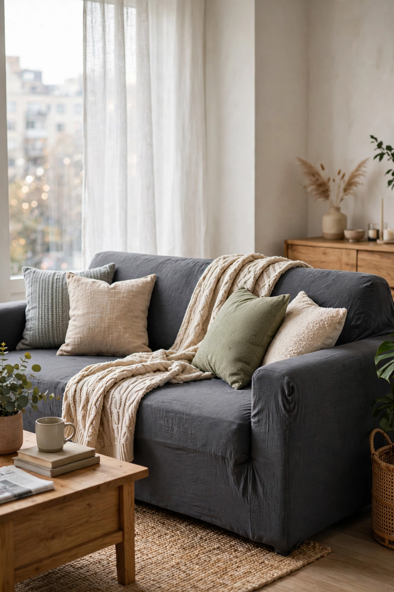 Sofa covered with charcoal stretch slipcover in budget apartment living room