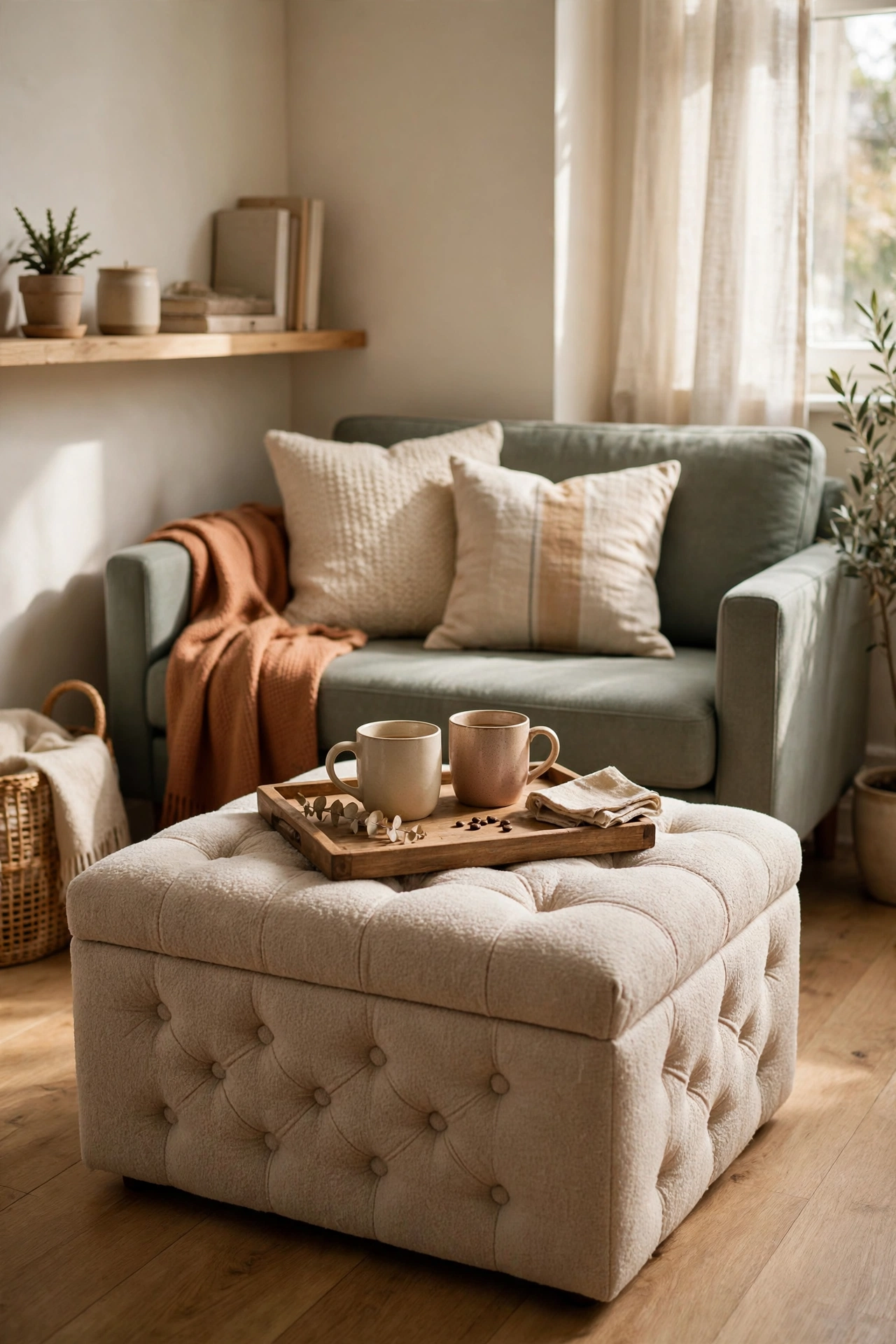 Storage ottoman with wood tray used as coffee table in small apartment living room