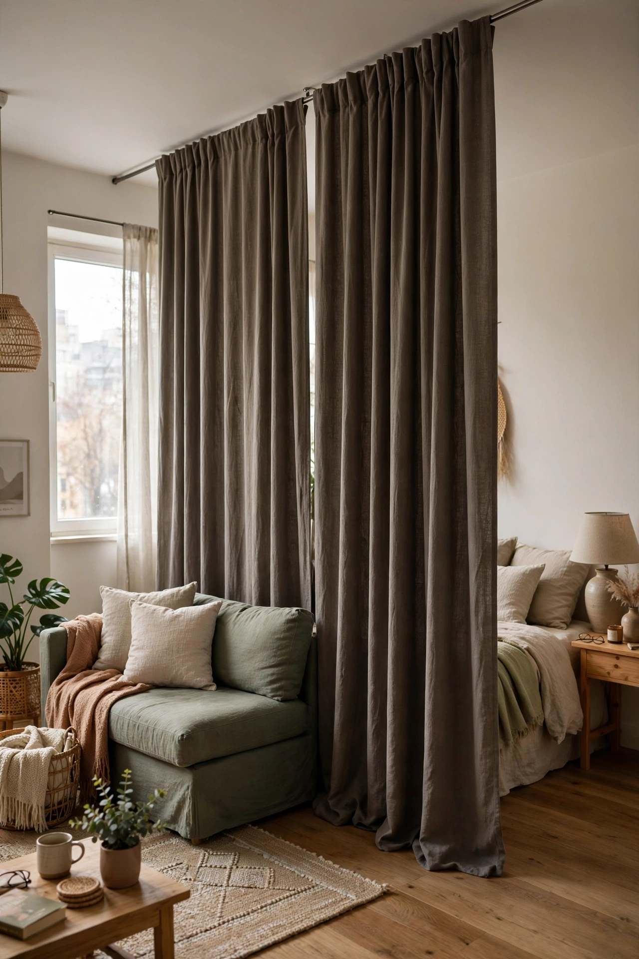 Tension rod with floor-length curtains dividing studio apartment living and sleeping areas