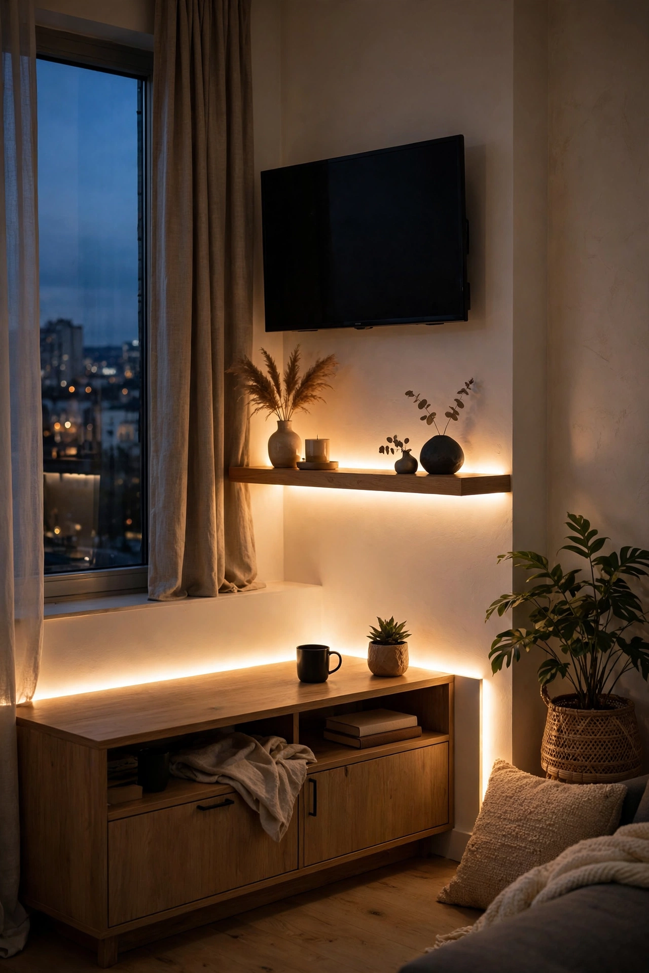 Warm LED strip lighting glowing behind TV console in apartment living room at night