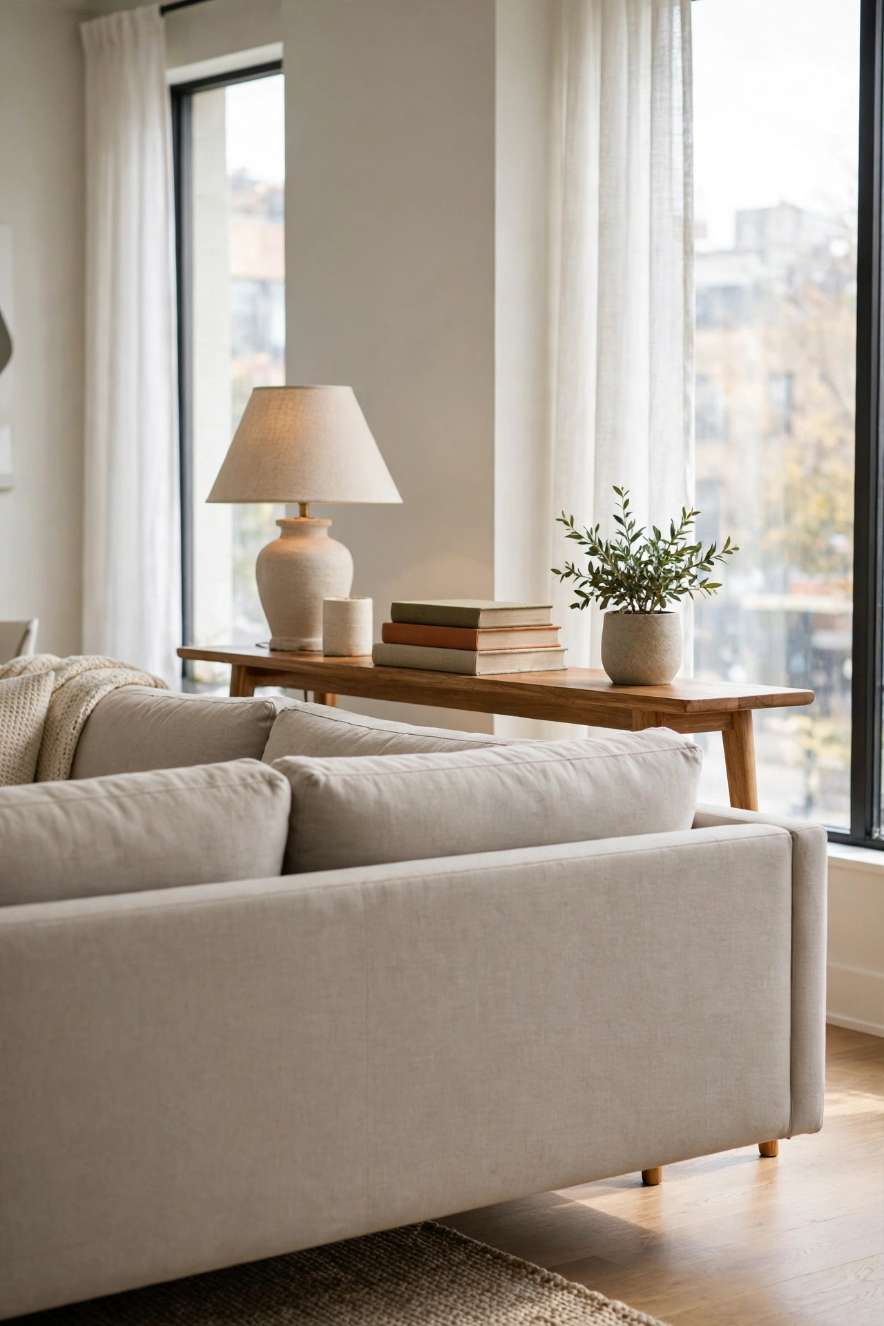 Narrow console table with lamp behind floating sofa in apartment living room