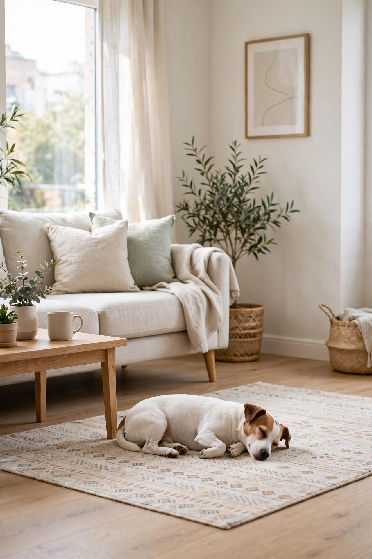 Machine washable low pile rug in apartment living room with pet