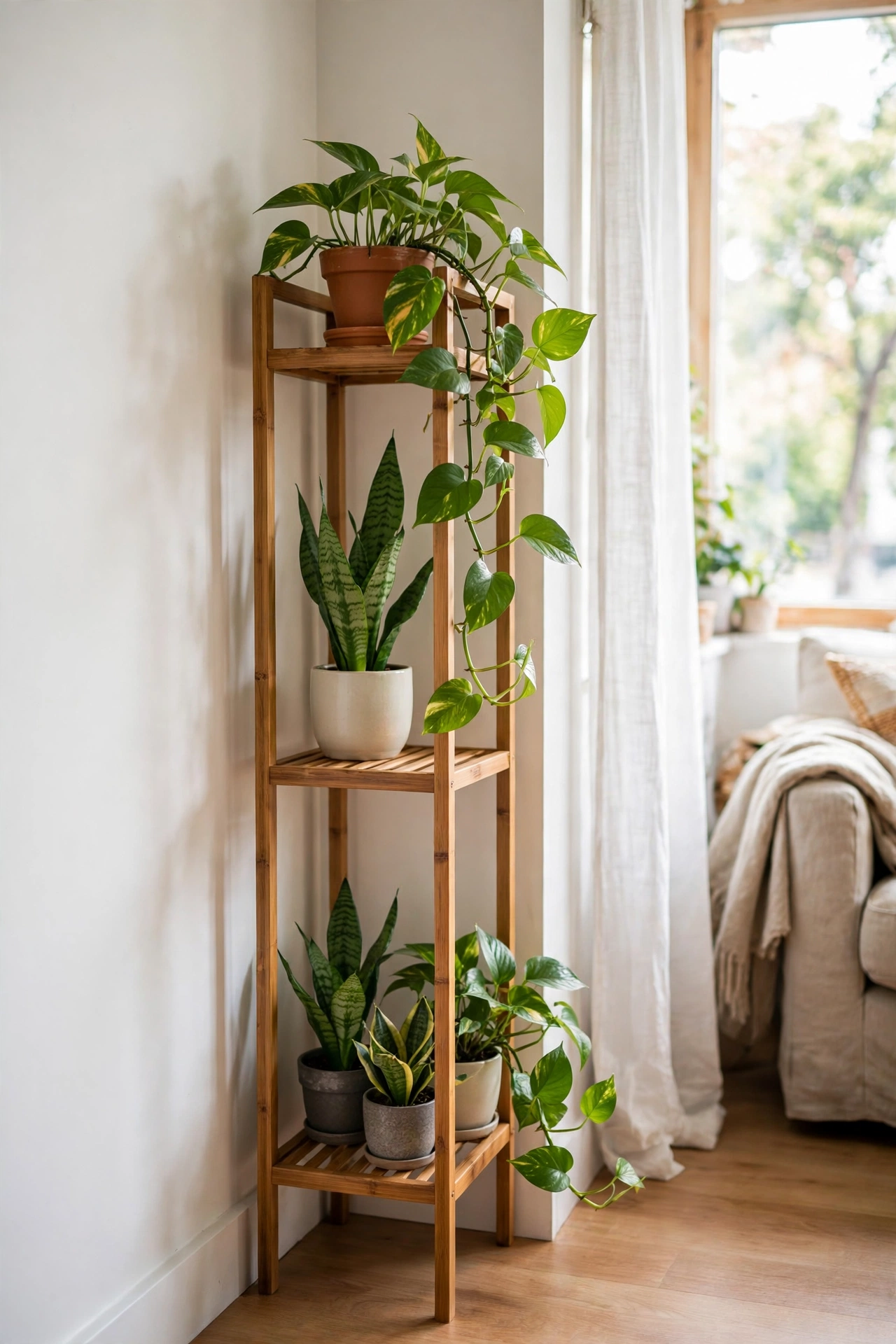 Tiered bamboo plant stand with pothos and snake plants in apartment living room corner