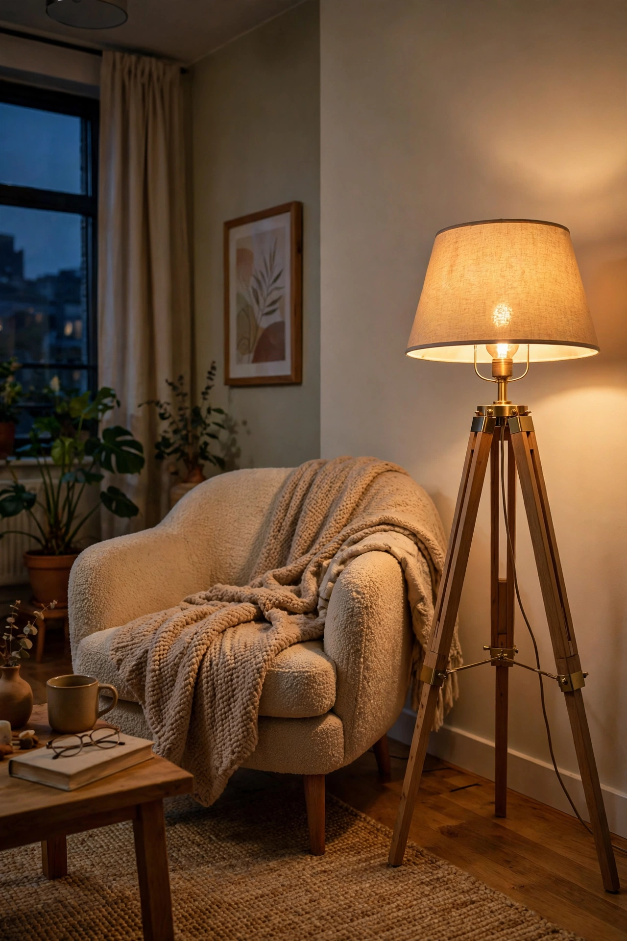 Tripod floor lamp with warm bulb glowing in apartment living room corner at evening
