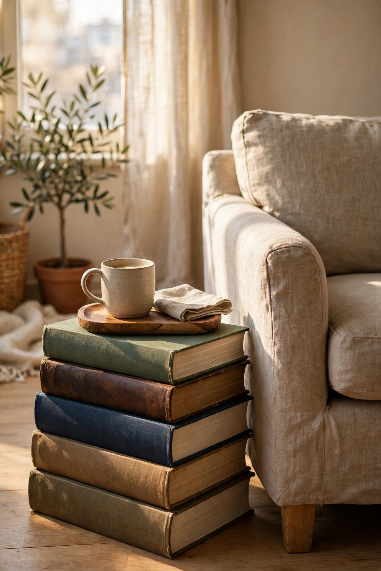 Stack of large hardcover books used as side table beside apartment armchair