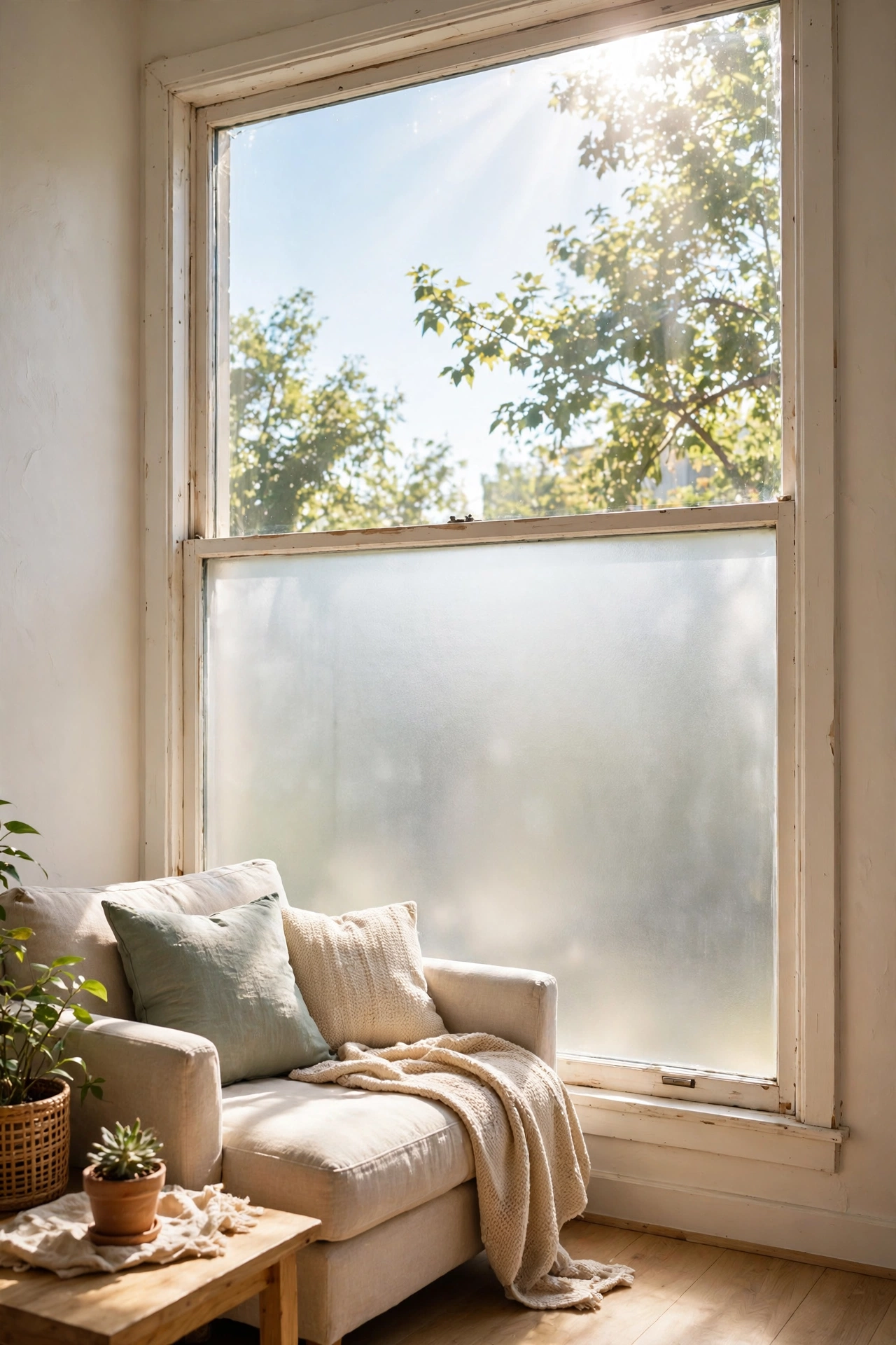 Frosted static cling window film on lower half of apartment living room window