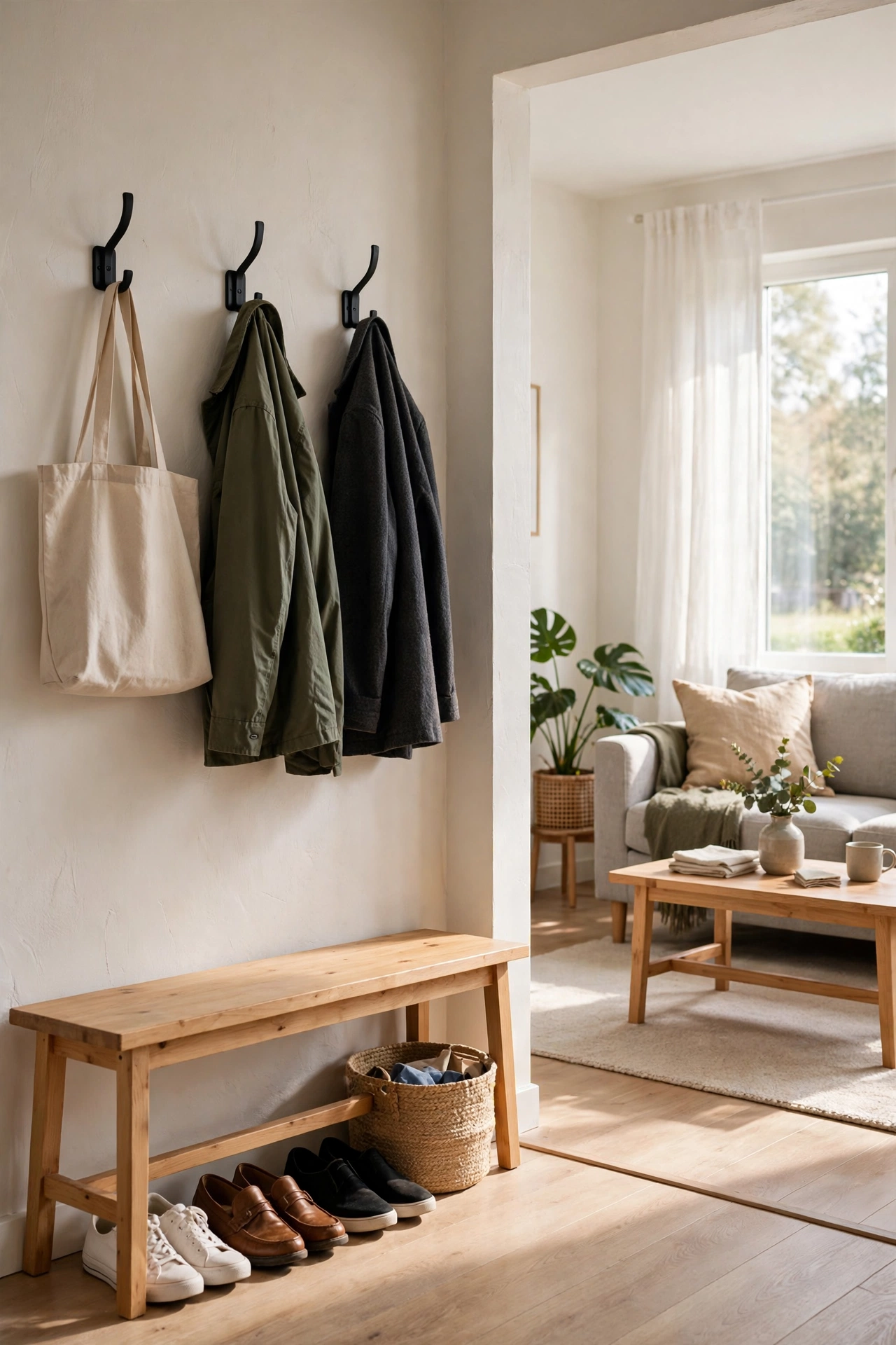 Small entry zone with narrow bench and wall hooks in apartment living room