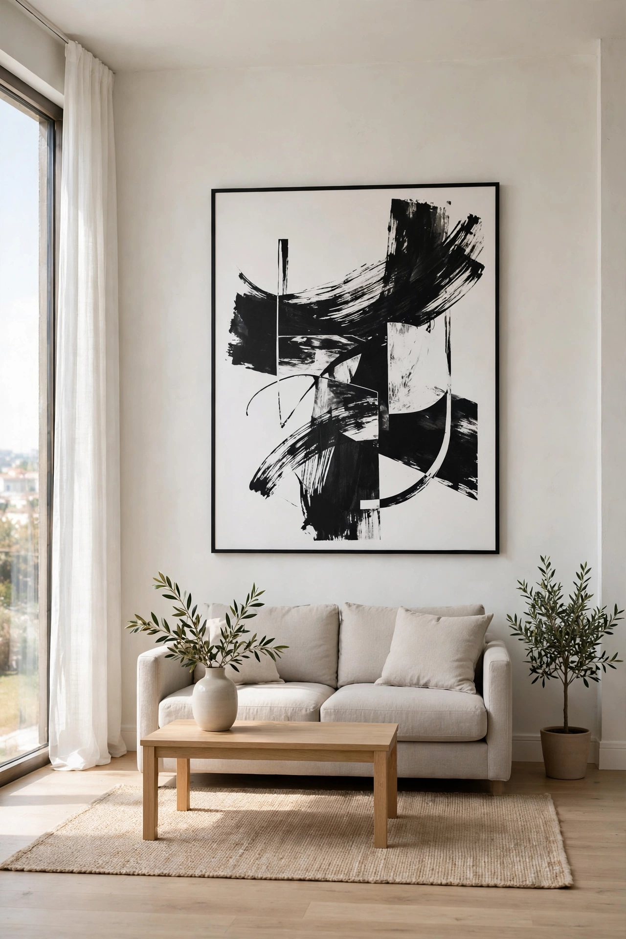 One oversized black and white art print in large frame above apartment sofa