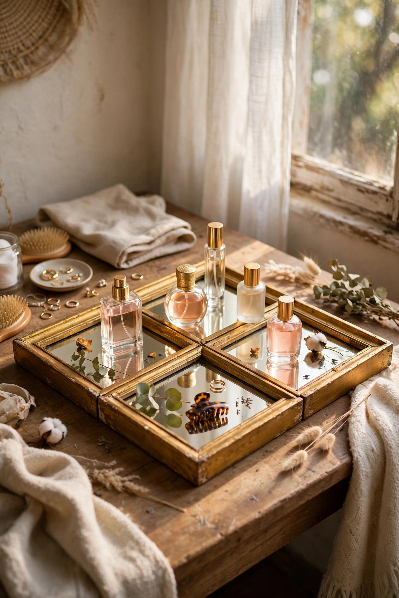 Mirrored tray made from joined dollar store picture frames with gold edges, diy decor